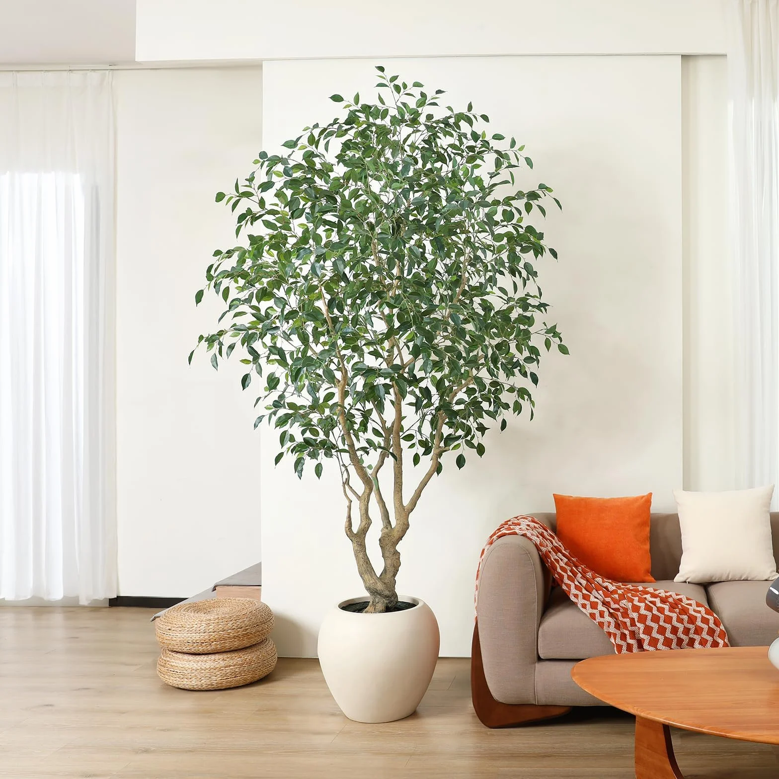 SOGUYI Sztuczne drzewko Ficus do wewnątrz, wysokie na 20 m wysokości, sztuczne drzewko figowe z okrągłą doniczką rzemieślniczą, wysokiej jakości, ręcznie wykonane, realistyczne pień i realistyczne