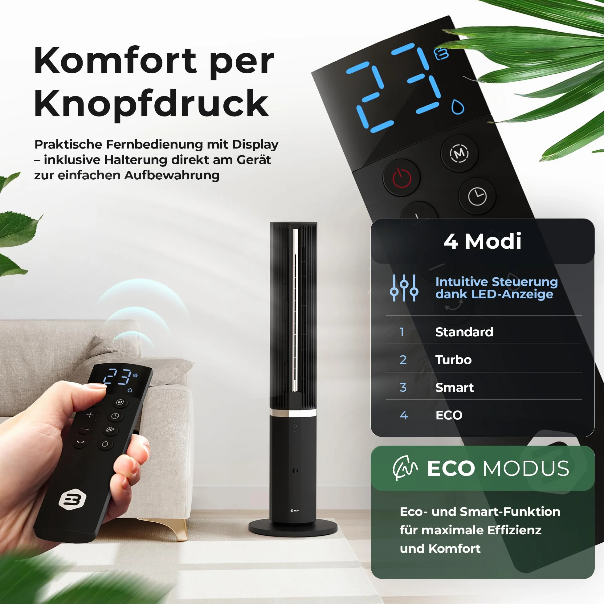 Balter Przenośny klimatyzator 5 w 1 bez węża wylotowego – wentylator z chłodzeniem wodnym – chłodnica i oczyszczacz powietrza, nawilżacz powietrza, wentylator kolumnowy z chłodzeniem wodnym, timer