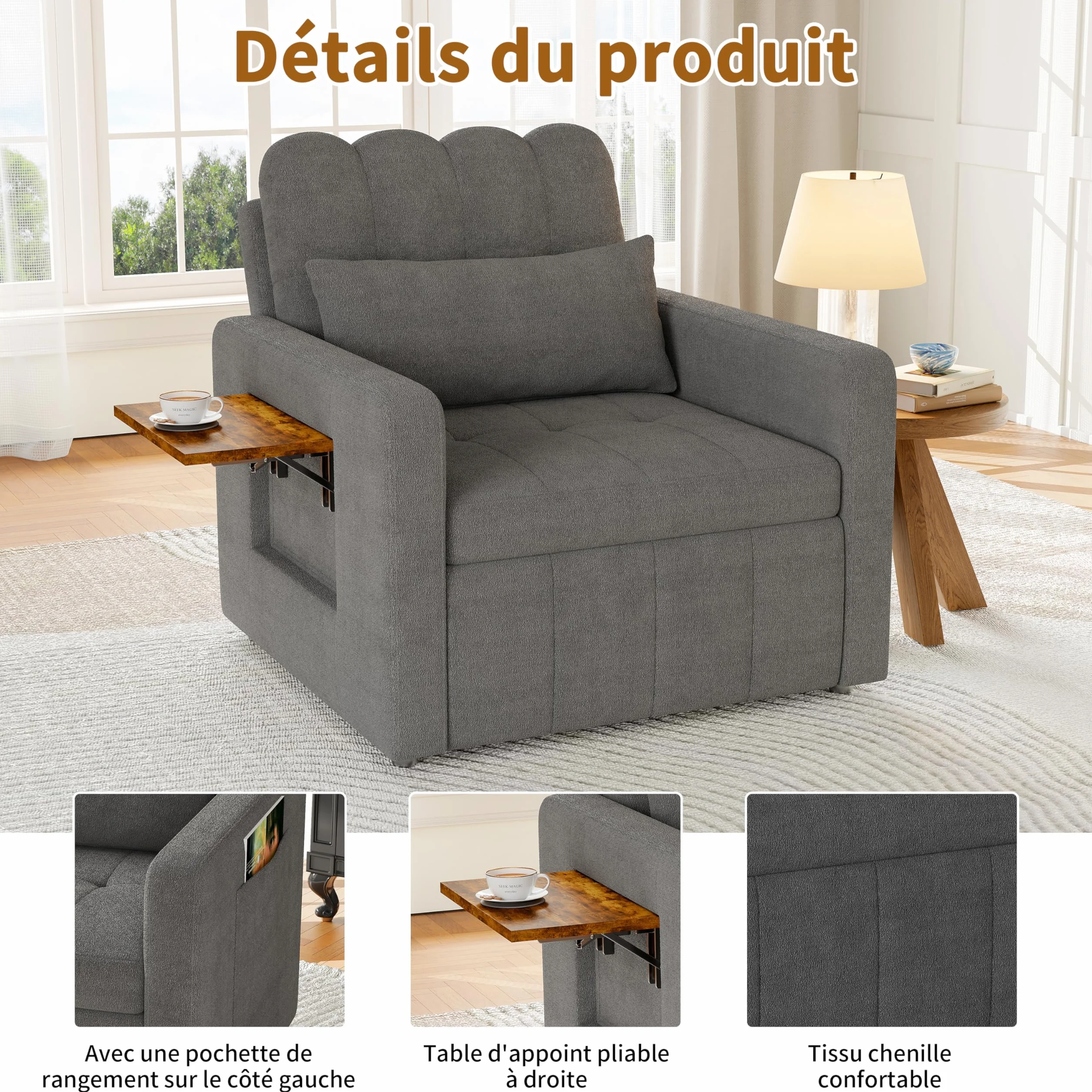 Fotel do spania 3 w 1 z funkcją łóżka, rozkładana sofa ze składanymi stolikami do herbaty, pojedyncza sofa do spania, rozkładane krzesło, regulowany pojedynczy fotel z poduszkami, powierzchnia