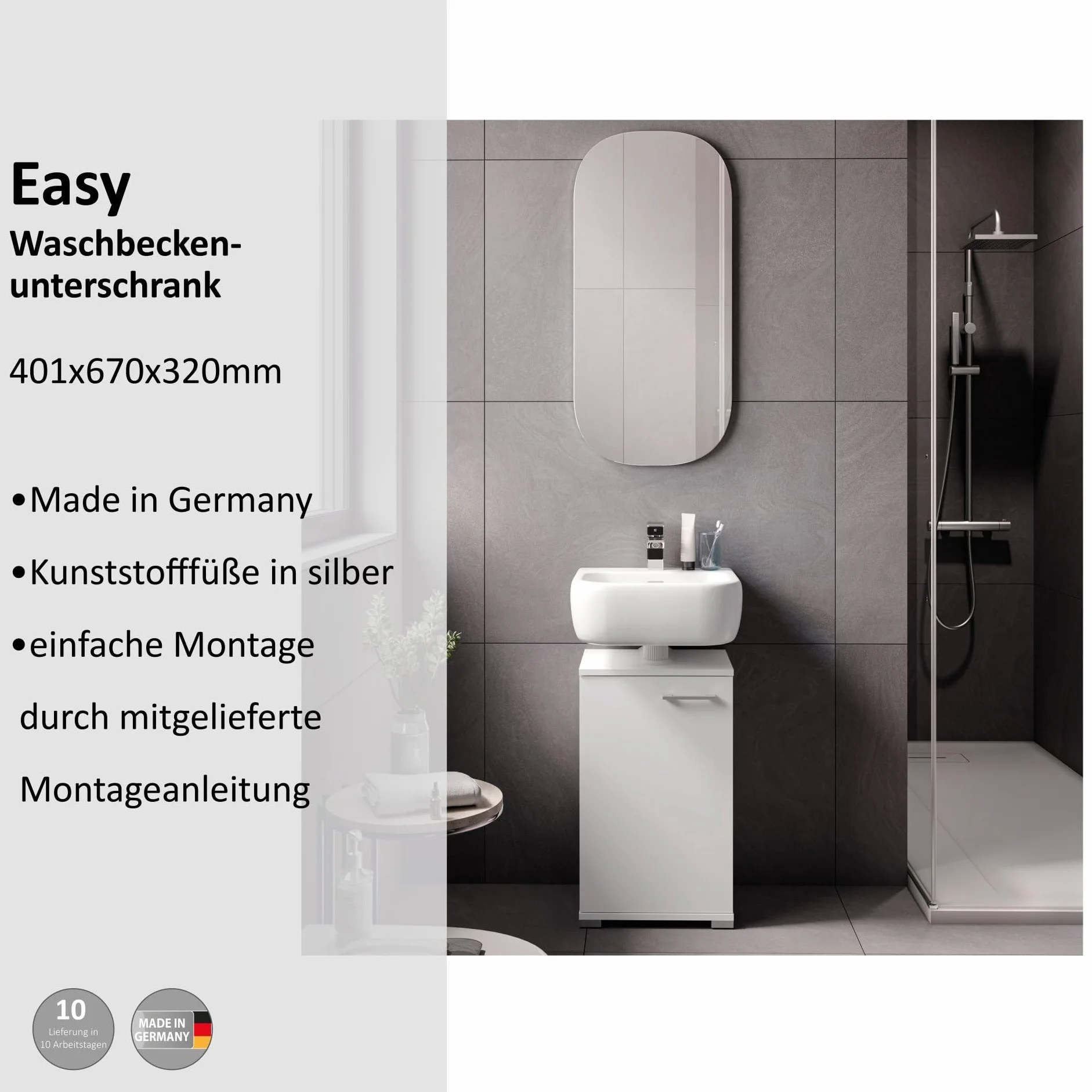 Fackelmann Easy Szafka pod Umywalkę 40 cm, optymalnej jakości Szafka Łazienkowa o Ponadczasowym, Białym Wzornictwie, Stylowa i Nie Zajmuje Dużo Miejsca, Made in Germany, Biała