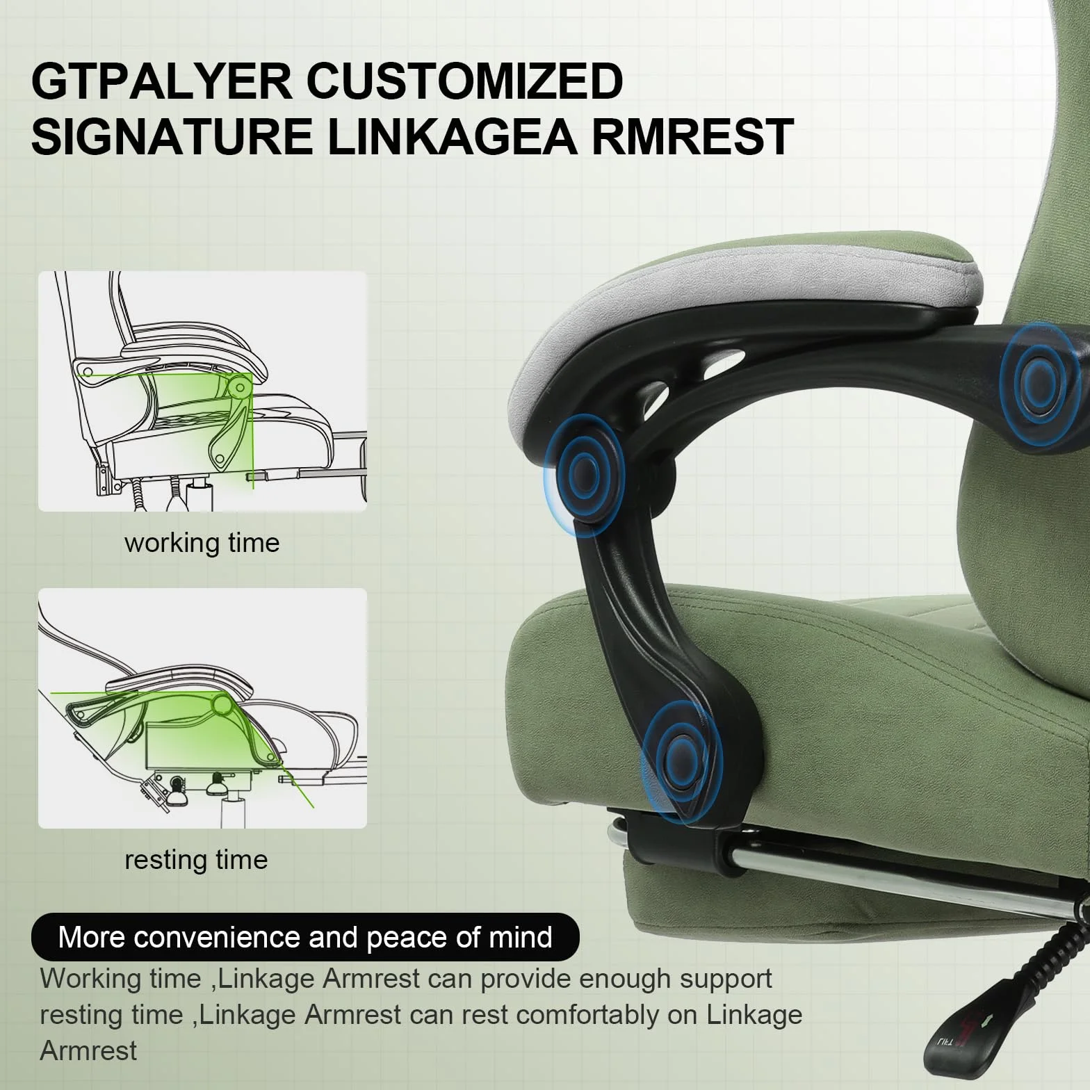 GTPLAYER Fotel gamingowy z podnóżkiem, krzesło komputerowe z kieszenią, poduszka sprężynowa, ergonomiczne wysokie oparcie, podparcie lędźwiowe, wytrzymałe, szerokie, zielone
