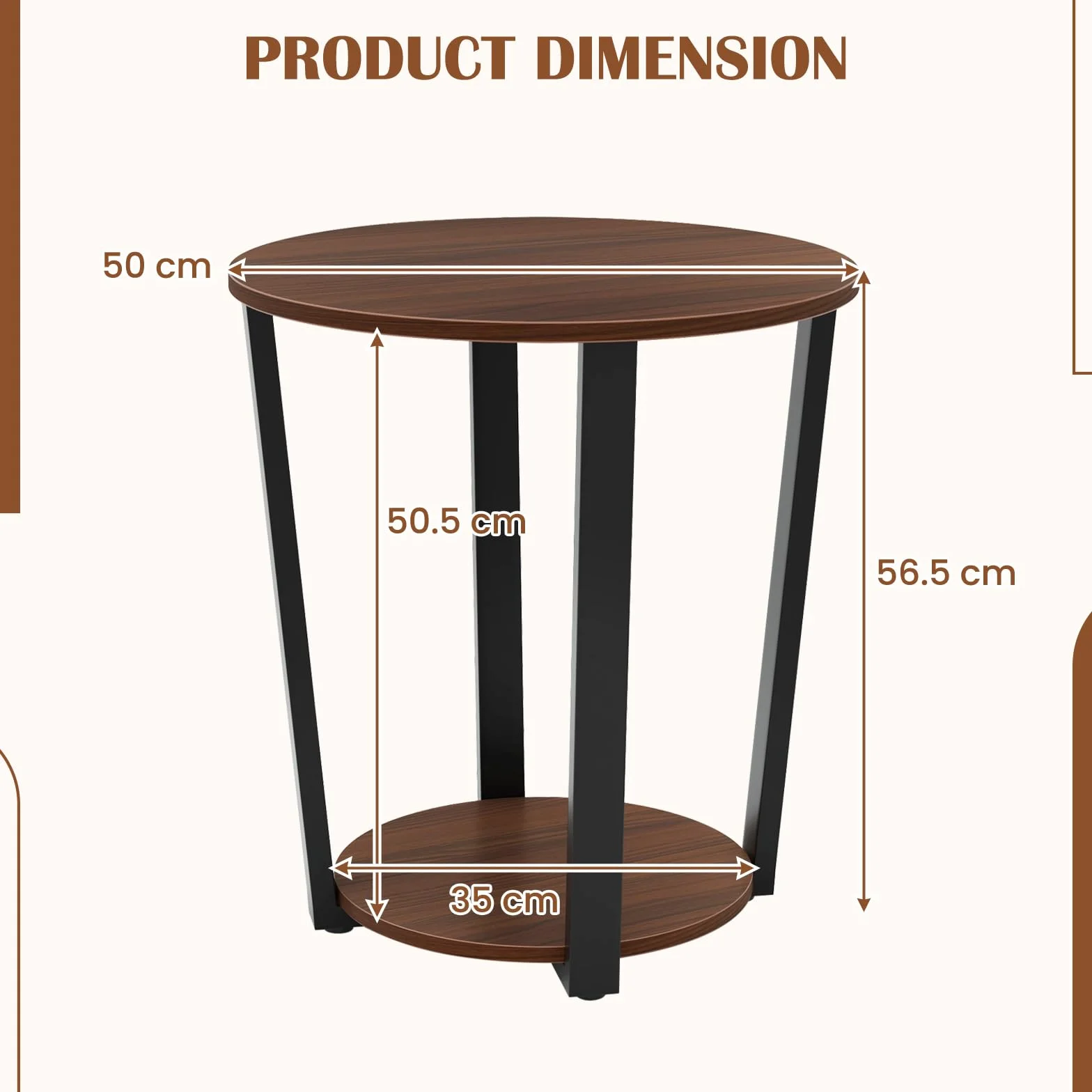 GIANTEX 2-poziomowy stolik pomocniczy, 50 x 50 x 56,5 cm, okrągły stolik nocny z otwartą półką i metalową ramą, stolik kawowy w stylu industrialnym do salonu, sypialni (orzech)