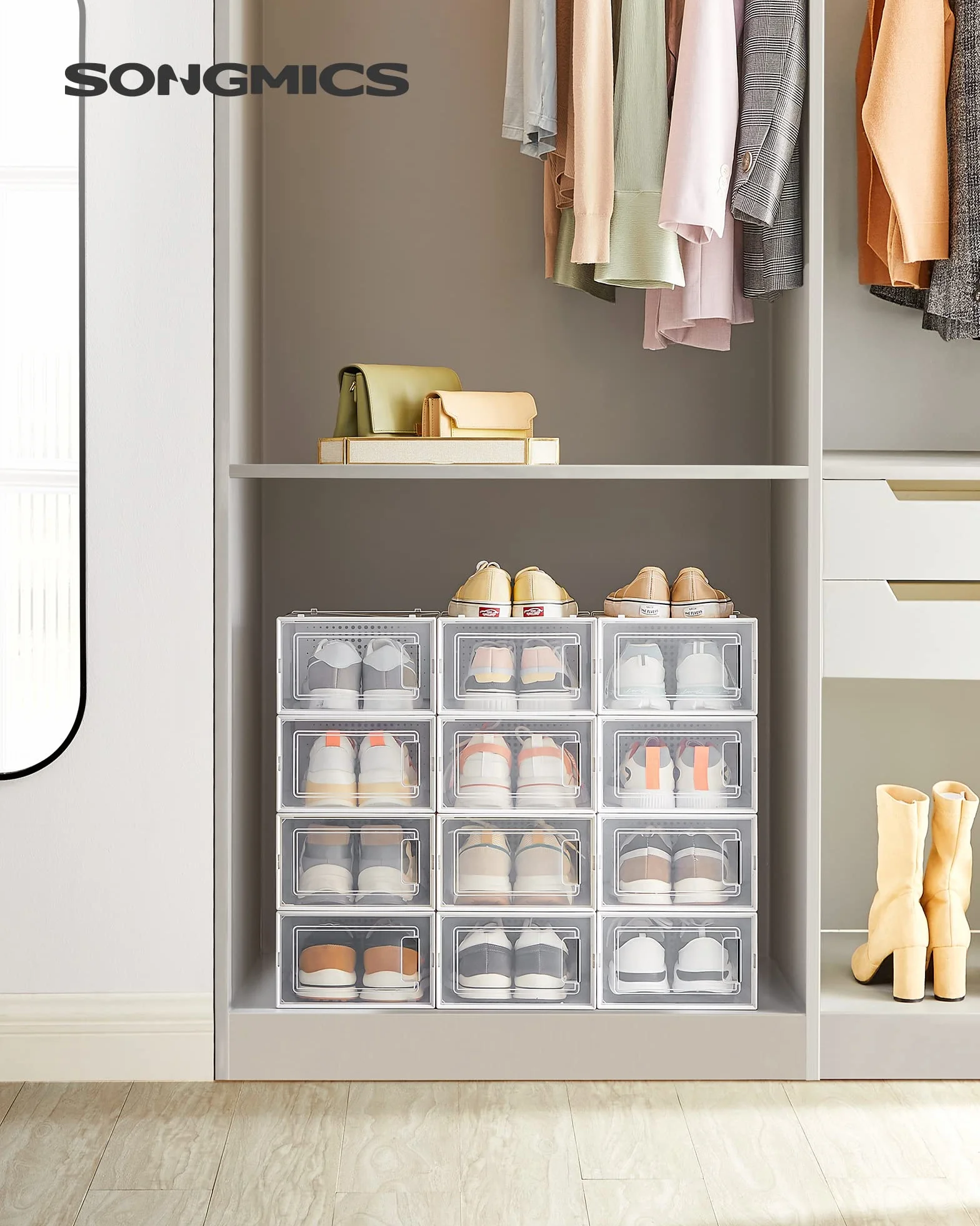 SONGMICS Pudełka na buty zestaw 12 sztuk organizer plastikowe składane układane w stosy do rozmiaru 44 przezroczysty-biały LSP12SWT