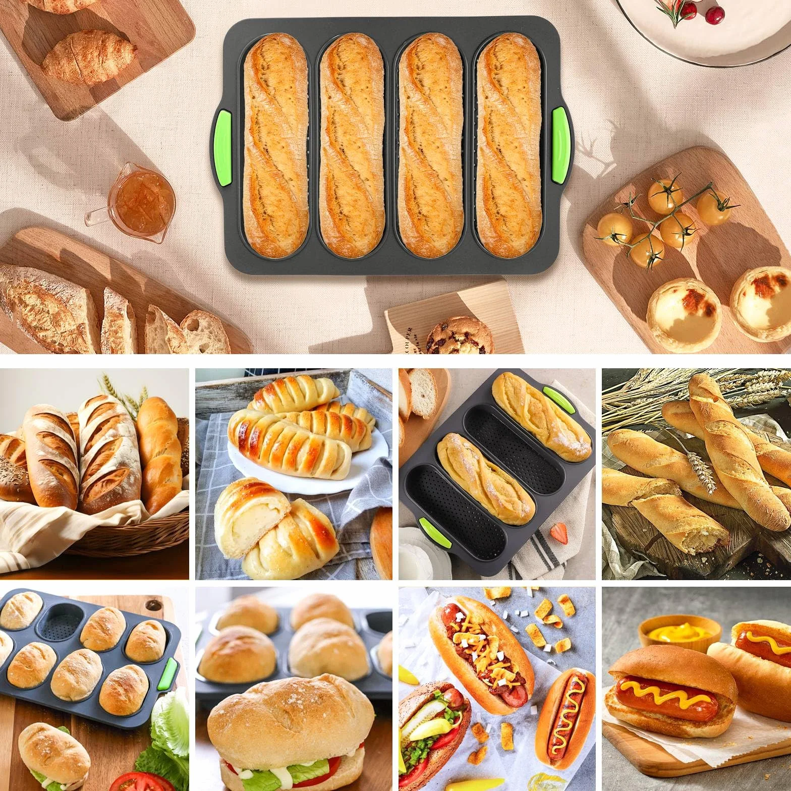 Forma do pieczenia bułek, 2 sztuki, silikonowa forma do pieczenia bagietek, z 4, 8 miejscami, formy do pieczenia bagietek i bułek, nieprzywierająca, ze szpatułką i pędzlem do oleju, do