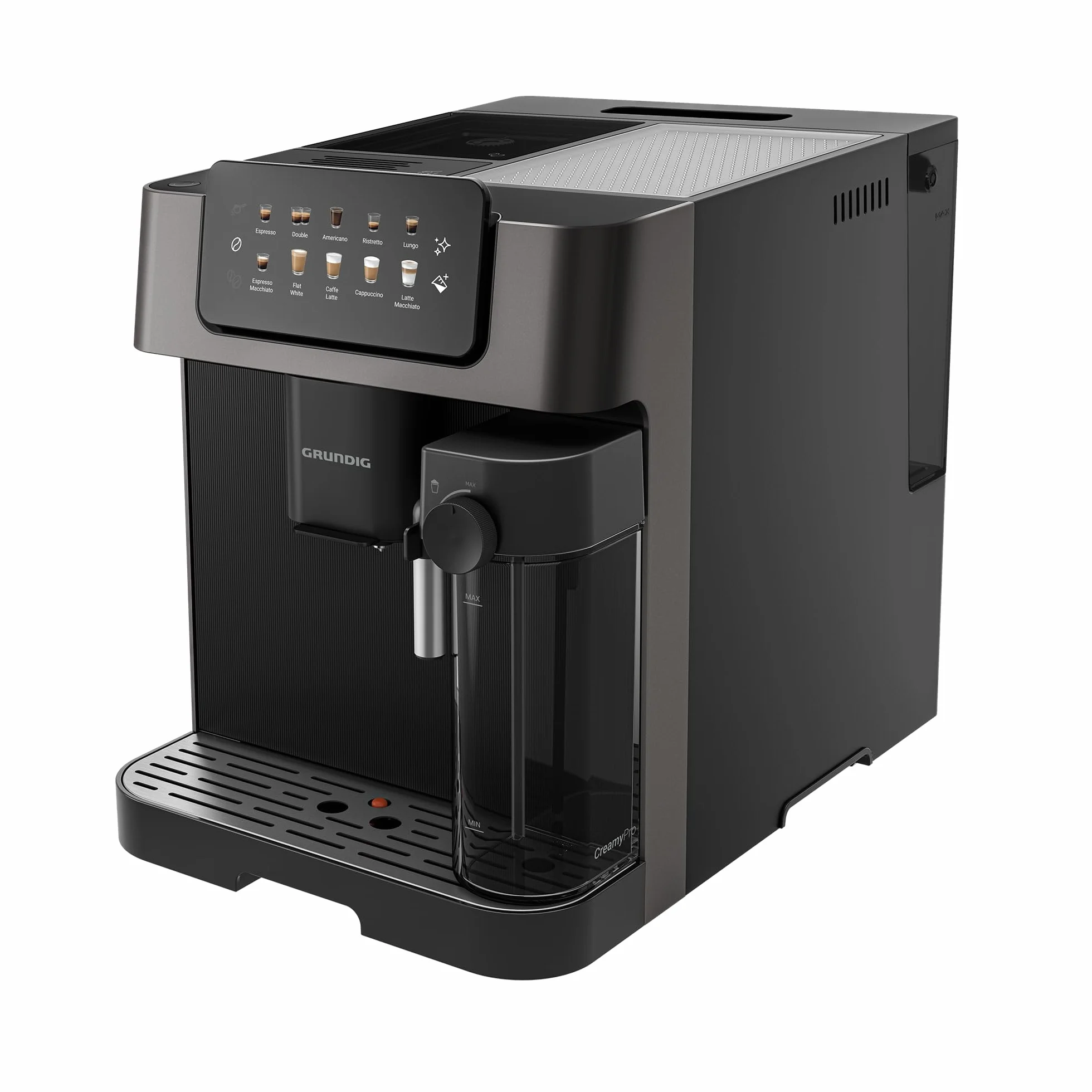 Grundig KVA 7230 ekspres do kawy, 10 specjałów do kawy, 13 stopni mielenia, pojemnik na mleko, wydajny 1350 W, ciśnienie pompy 19 bar, podwójna dysza, oświetlenie, czarny/ciemny srebrny