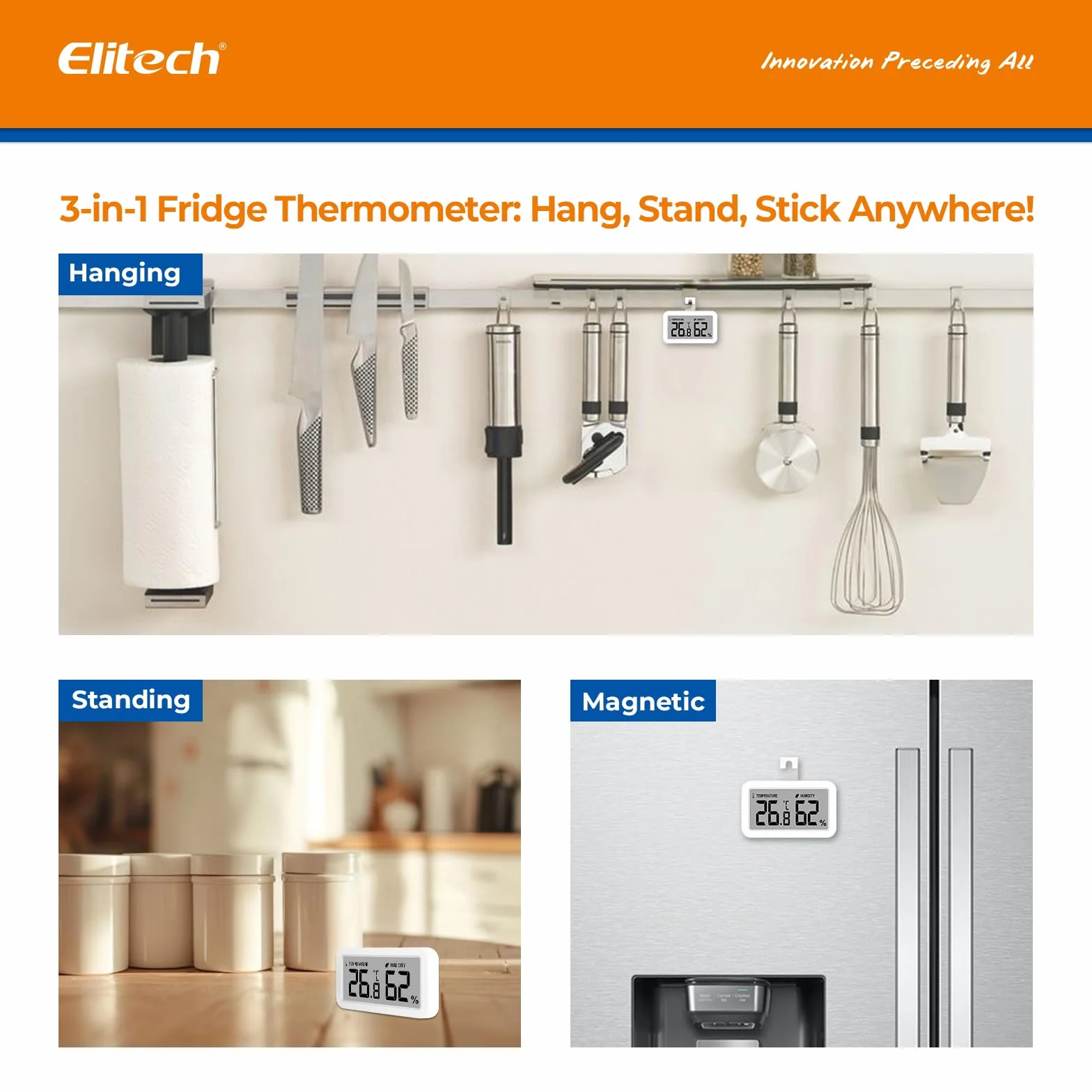 Elitech 2Pack TM-2 Termometr do lodówki, monitorowanie temperatury i wilgotności, mocowanie magnetyczne i zaczep, energooszczędny, idealny do zamrażarki, szafy spiżarni, komory chłodniczych