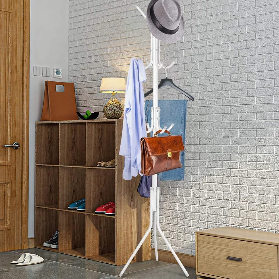 Wieszak stojący z 12 haczykami, designerski stojak na ubrania z podłogą, na ubrania, torby, szale, korytarz, wejście, biały