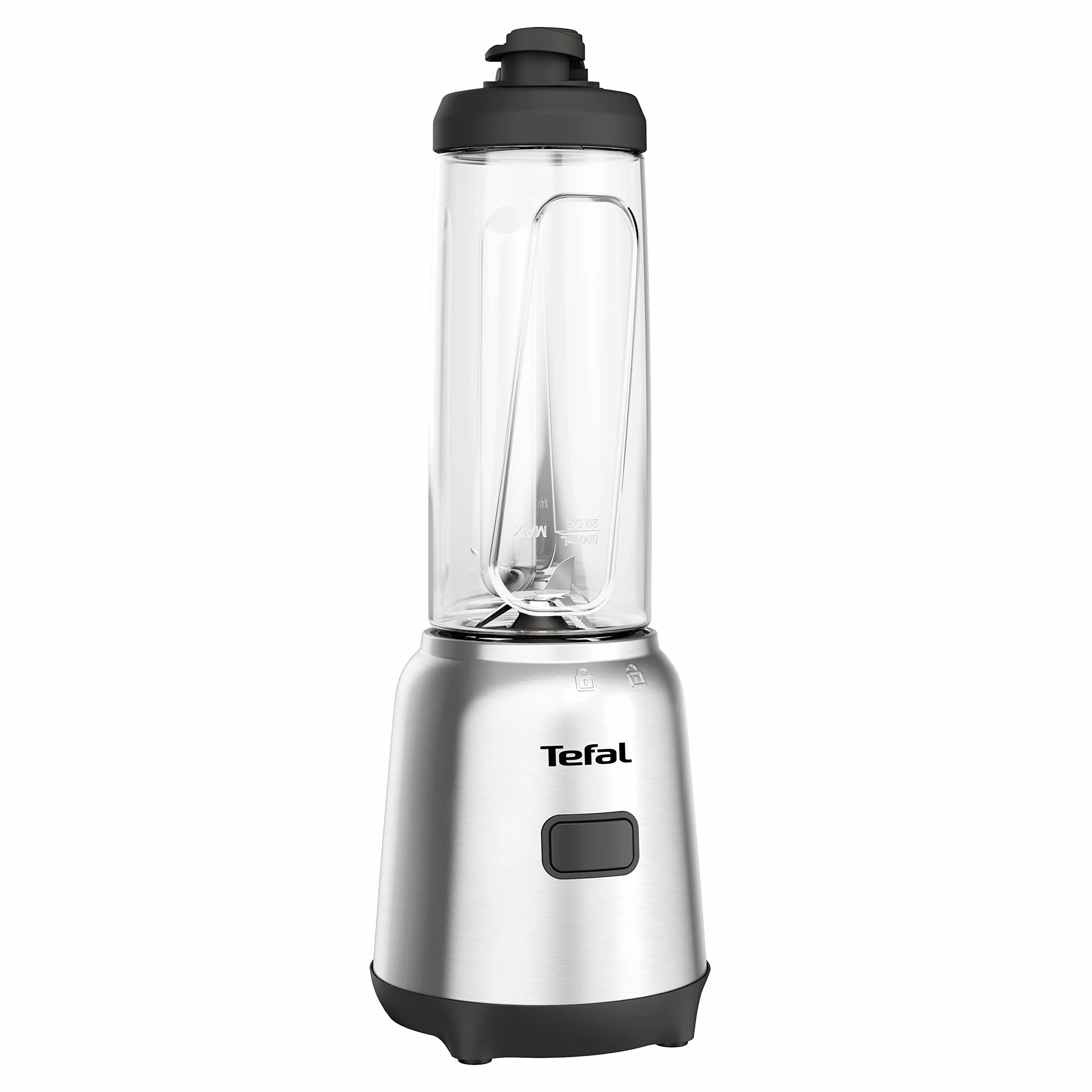 Tefal Mix & Move Mini Blender Kielichowy BL15FD, moc 300 W, 2 butelki To-Go, kompaktowa konstrukcja, łatwy do czyszczenia, zdejmowane ostrza, obsługa jednym przyciskiem, srebrny/czarny