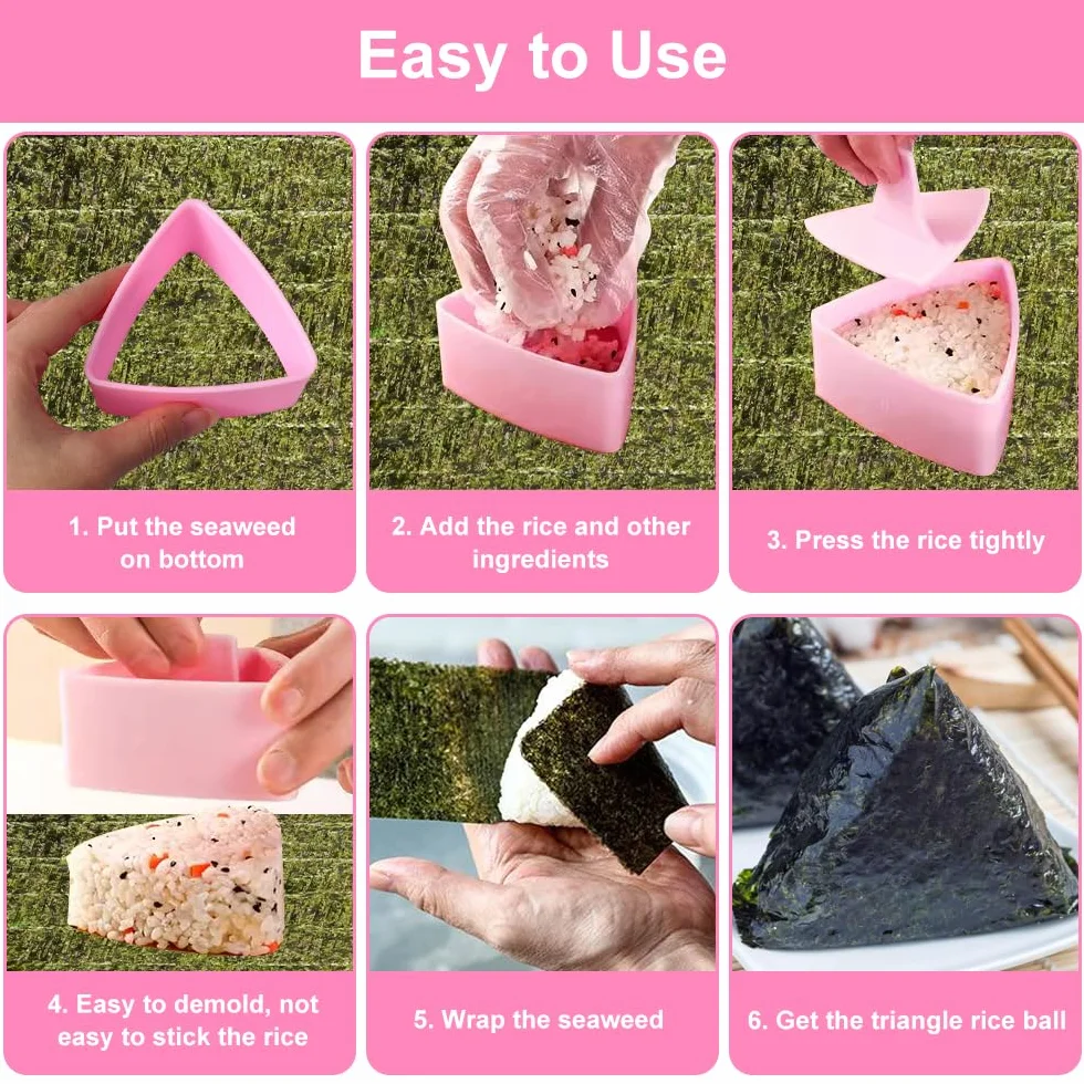 Trójkątne formy Onigiri do robienia sushi, różowe, tworzywo sztuczne, 136 ml, 3 x 9 x 8 cm, zestaw do samodzielnego wykonania sushi, forma do kulek ryżowych, narzędzie kuchenne