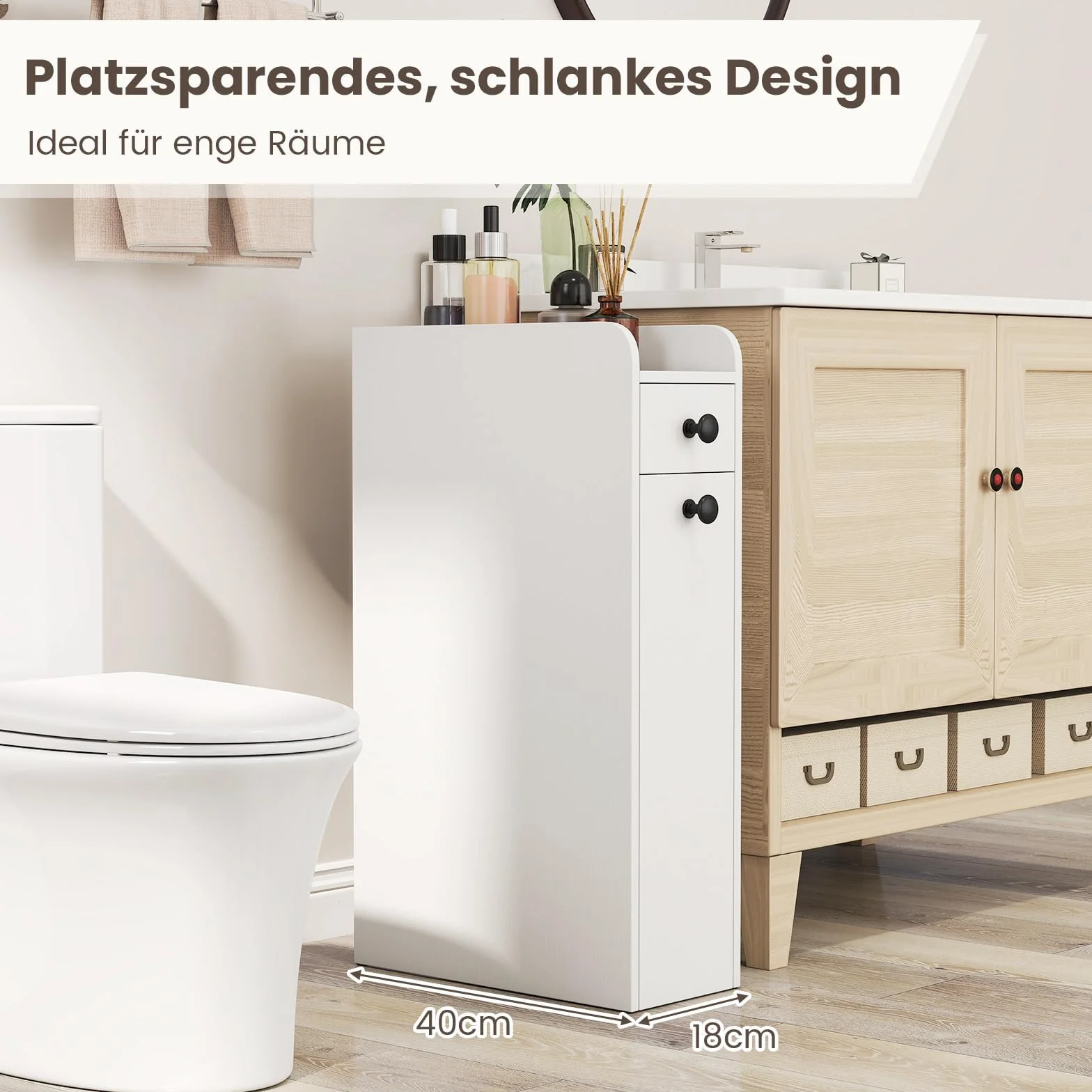COSTWAY Szafka wnękowa na kółkach, szafka łazienkowa z otwartą półką i 2 szufladami, wózek na kółkach, wąski wózek wnękowy do łazienki, kuchni i pralni, 18 x 40 x 70 cm (biała)