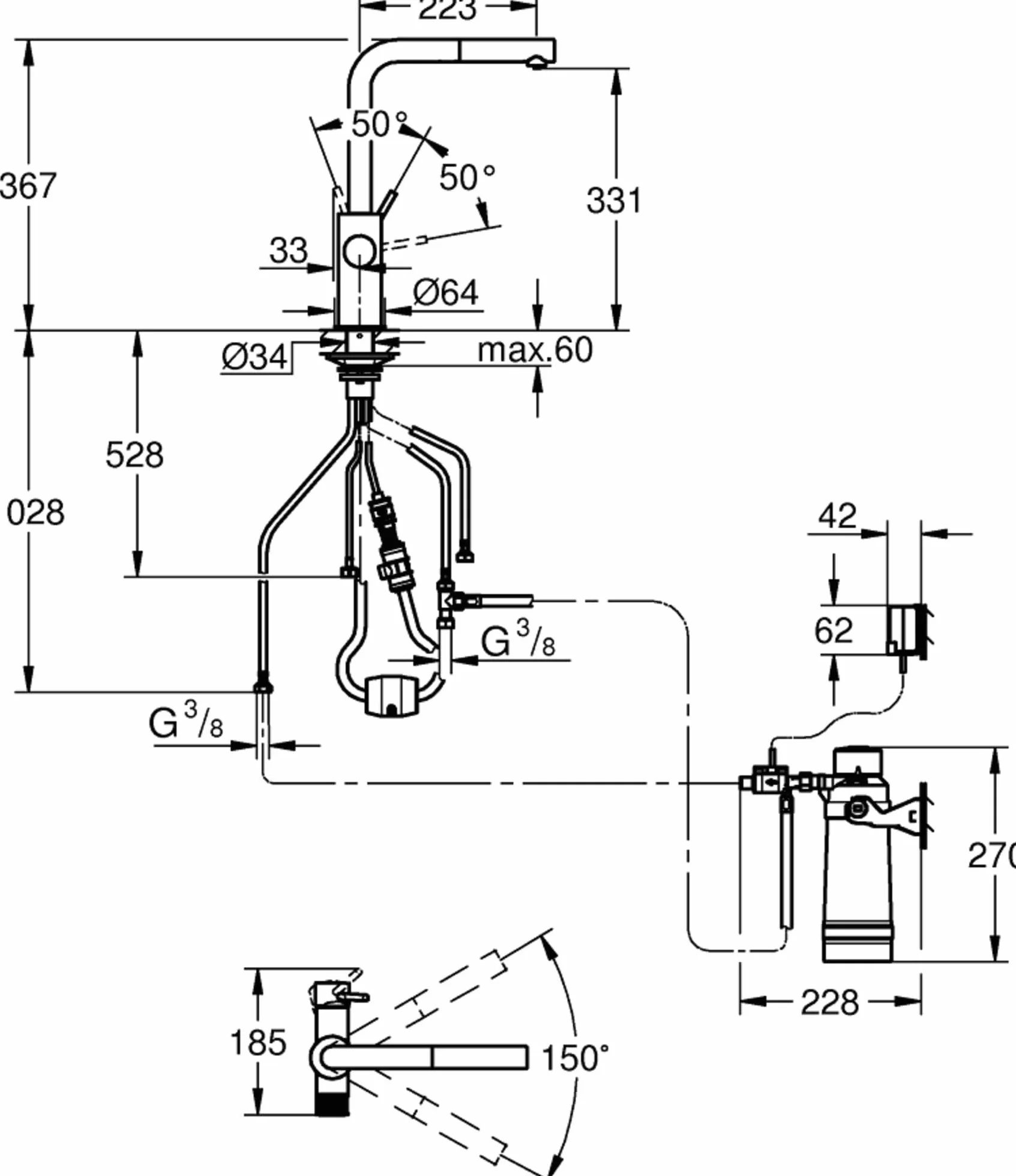 Grohe Blue Pure Minta, bateria do zlewu kuchennego, wyciągana, z 5-stopniowym filtrem, rozmiar S i liczniki, chrom