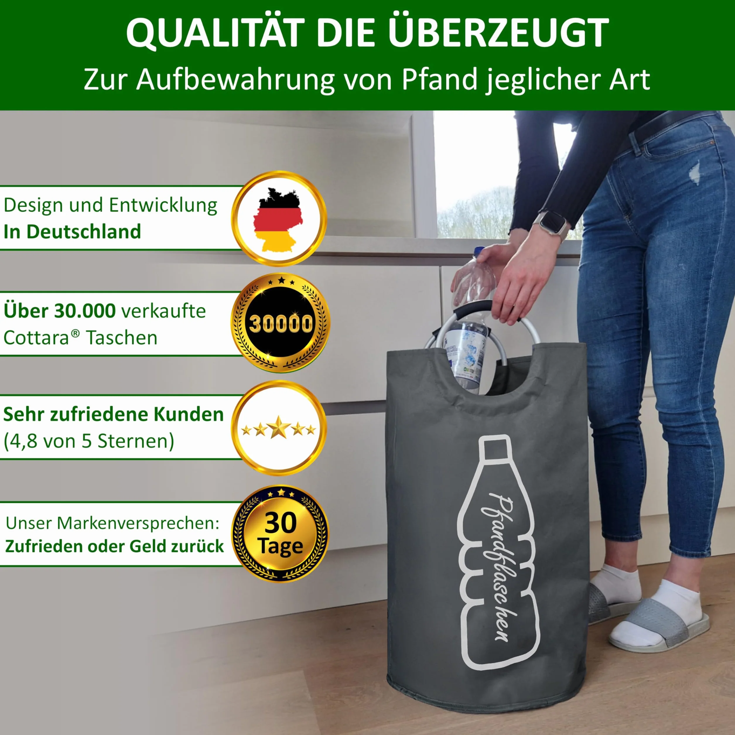 COTTARA Original Flaschensammler 69l aus recycelten PET-Flaschen grau