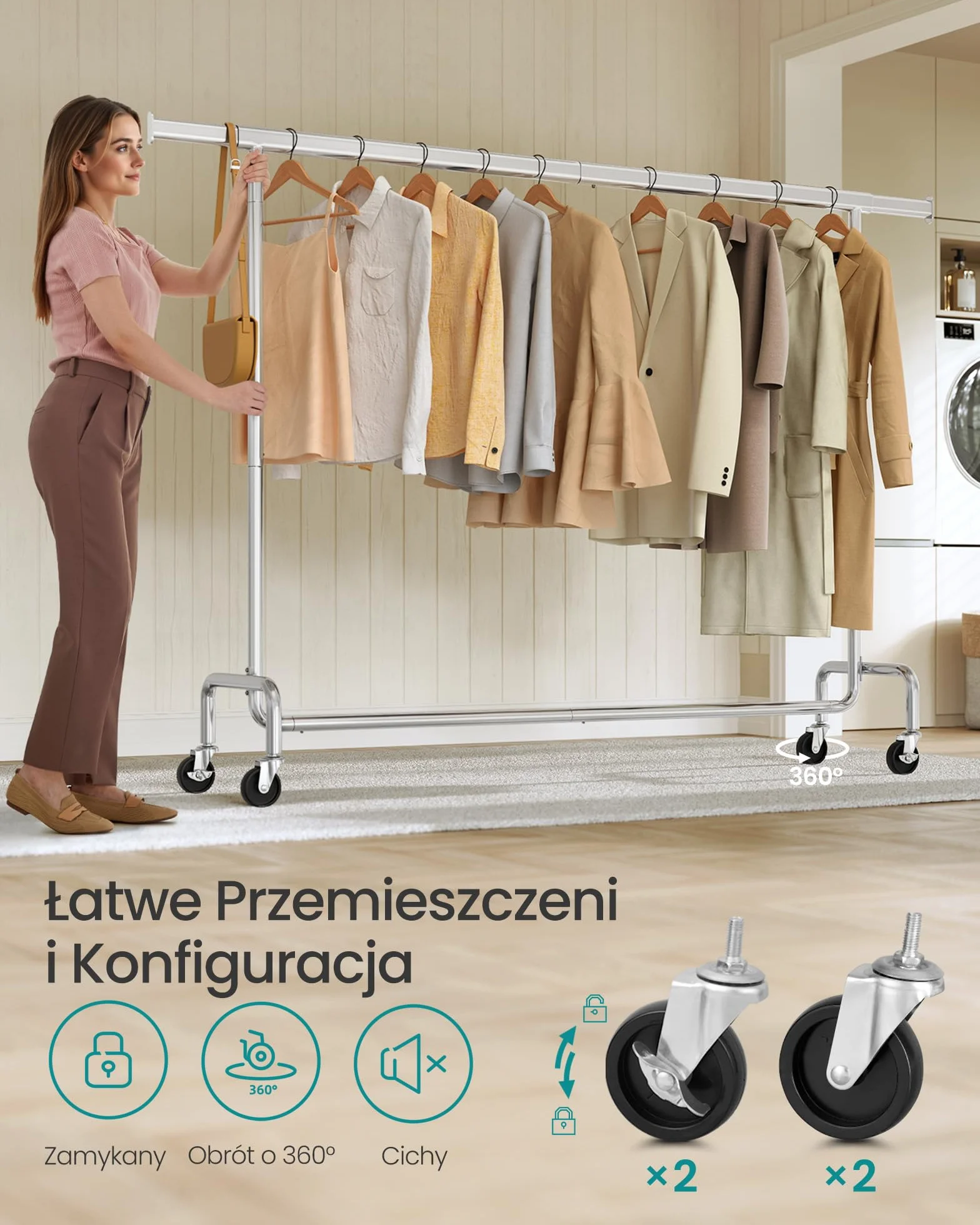 SONGMICS Wieszak na ubrania na kółkach, Wieszak na ubrania, Wytrzymały, Rozsuwany drążek na ubrania, Nośność do 110 kg, 45 x (160-200) x 162,9 cm, Metalowy, Chromowany, Srebrny HSR176E01