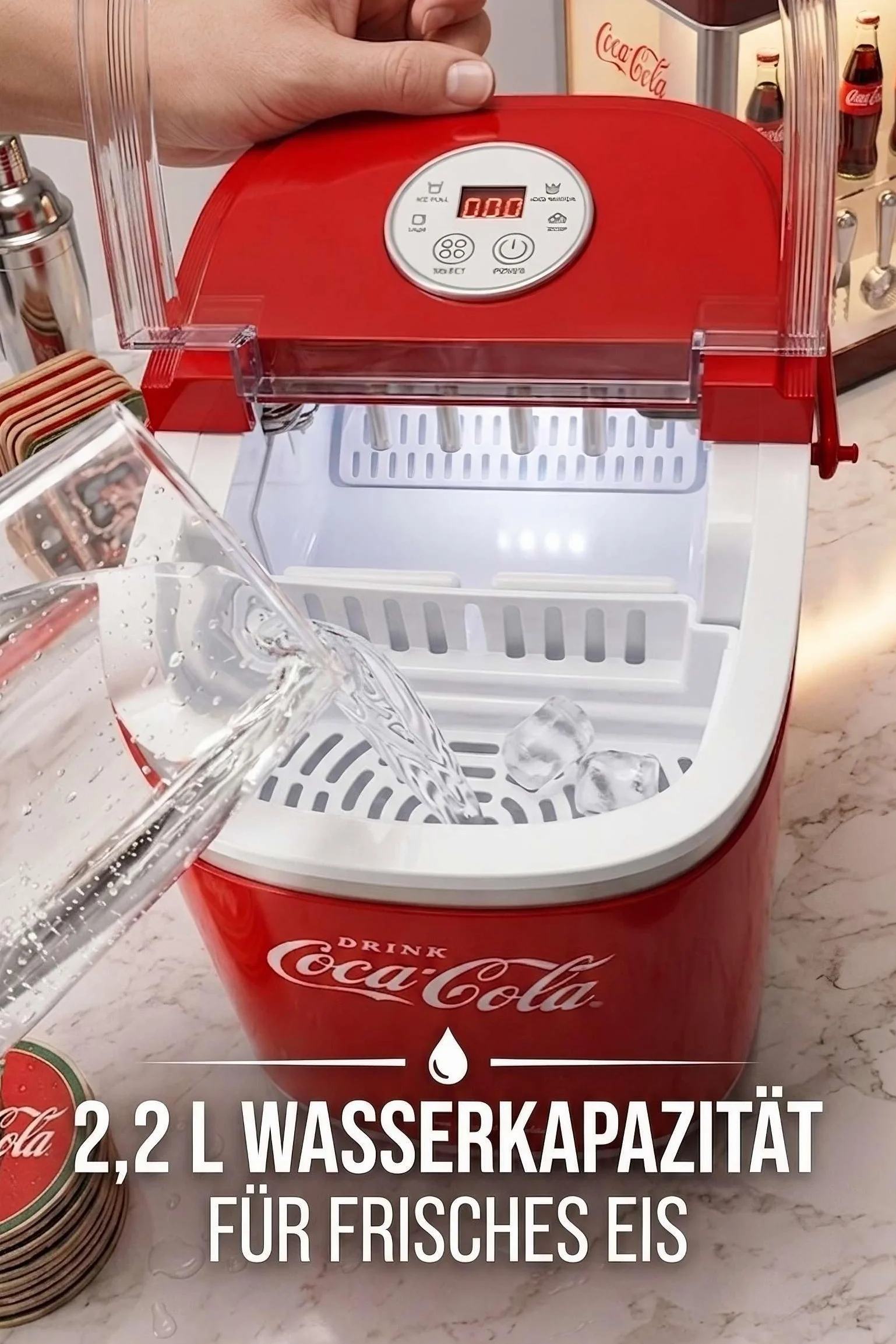 Salco Coca Cola kostkarka do lodu w kolorze czerwonym, 2 rozmiary kostek lodu, 12 kg na dzień, w stylu retro, czerwona, przenośna kostkarka do kostek lodu do koktajli, napojów i imprez