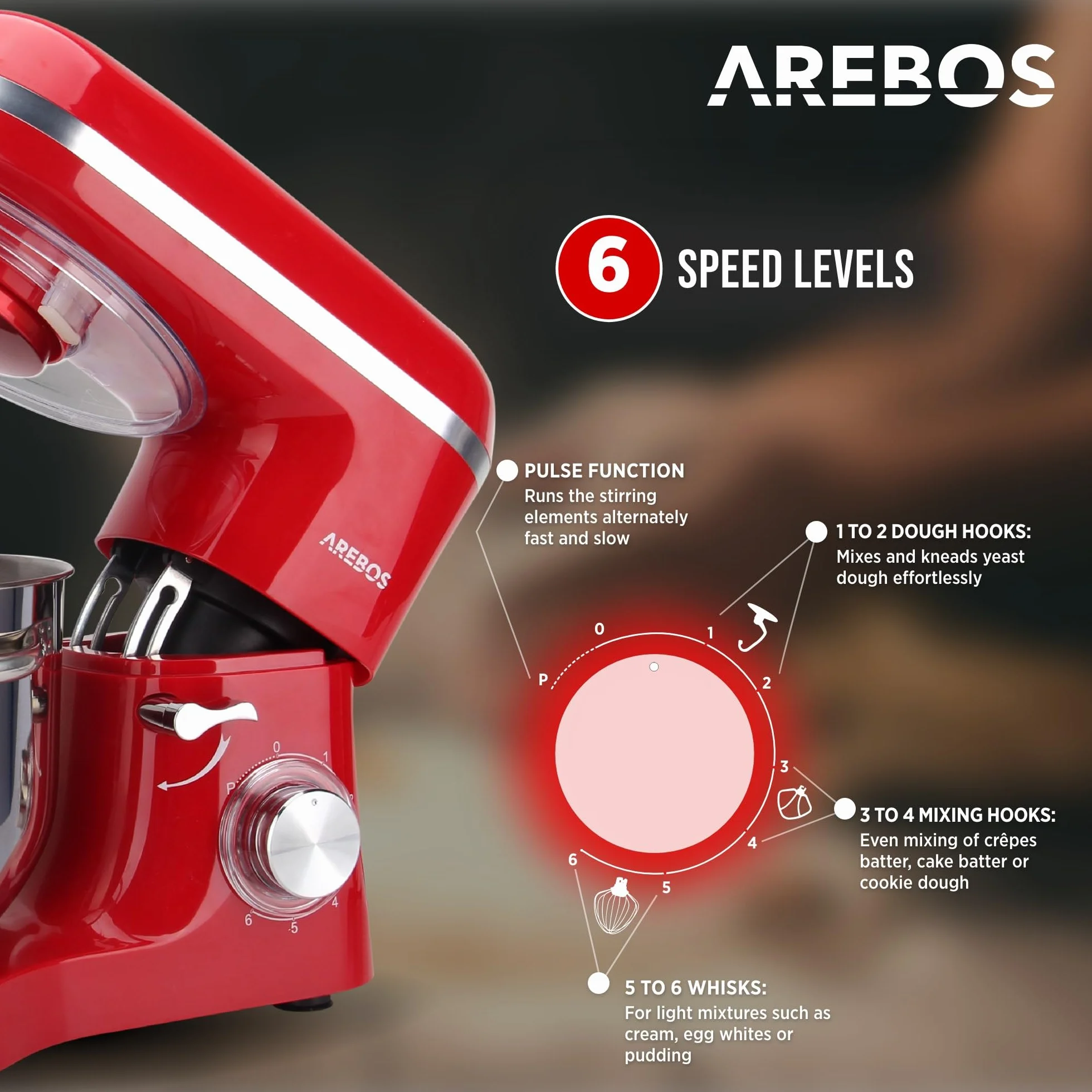 Arebos Profesjonalny robot cukierniczy 1500W | Czerwony | Wielofunkcyjny robot kuchenny z trzepaczką, ubijaczką i haczykiem | Miska ze stali nierdzewnej 6 litrów | 6 prędkości | Funkcja impulsu