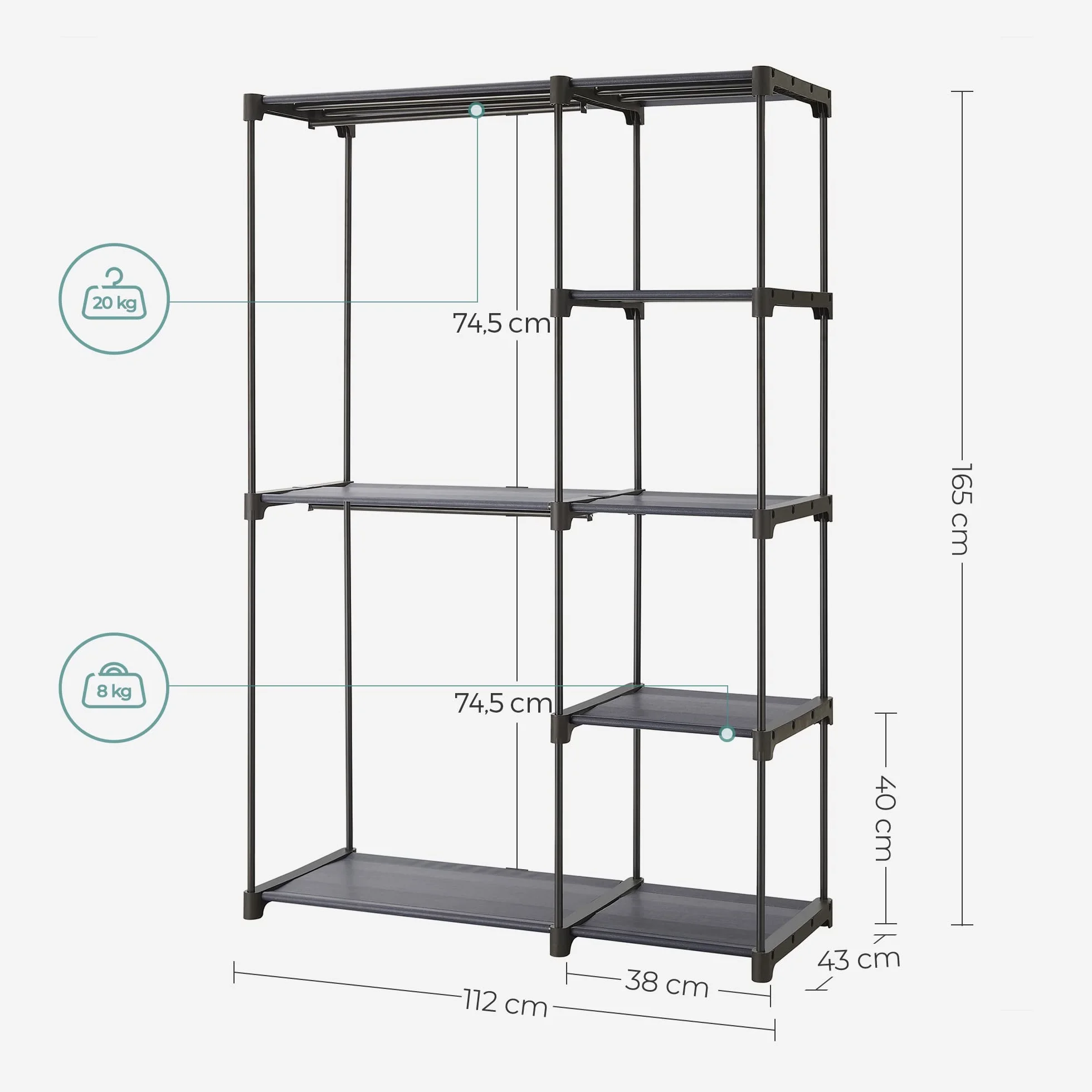 SONGMICS Szafa na ubrania, wolnostojąca, składana, z drążkami na ubrania, do przechowywania, garderoba, do sypialni, 112 x 43 x 165 cm, szara, RYG024G02