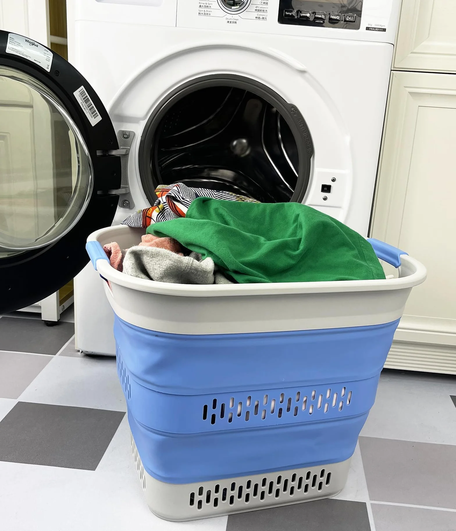 SAMMART Składany plastikowy kosz na pranie, 40 l, składany, rozkładany pojemnik/organizer, przenośny kosz na pranie, oszczędność miejsca, 1, szary/niebieski (Little Boy Blue)