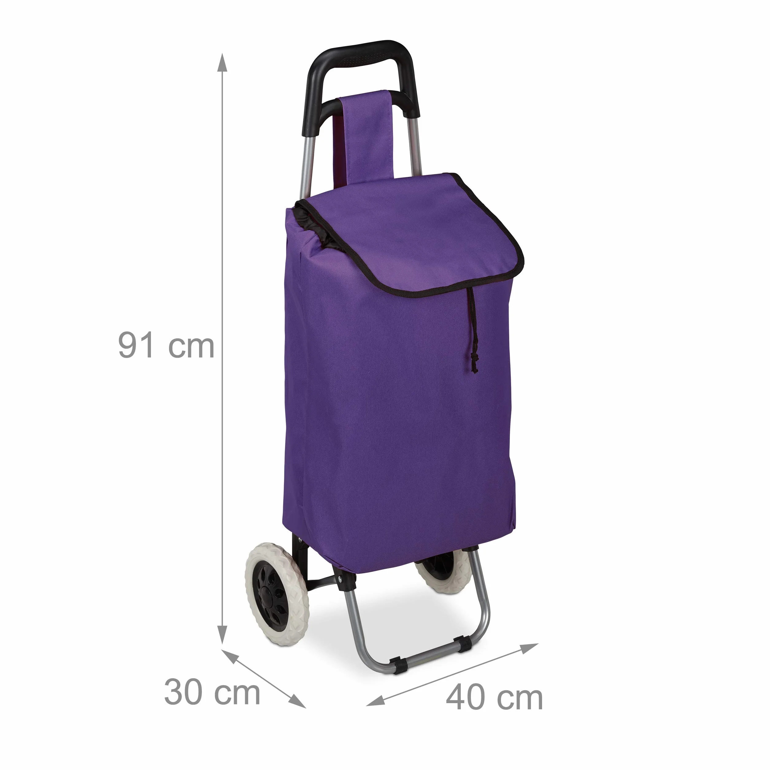 Relaxdays Wózek na zakupy, składany, 25 l, torba na zakupy z kółkami, obciążenie do 10 kg, wys. x gł.: 91 x 40 x 30 cm, fioletowa, stalowa