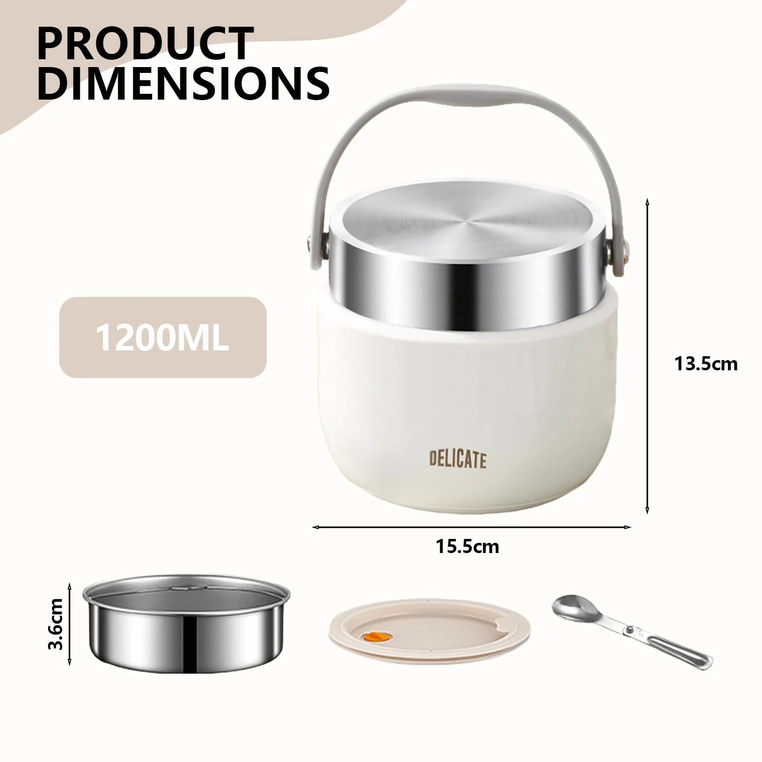1200 ml termos do gorącej żywności, termiczny pojemnik na lunch ze stali nierdzewnej z uchwytem, termos do żywności ze składaną łyżką, idealny do zupy, makaronu, ryżu (biały)