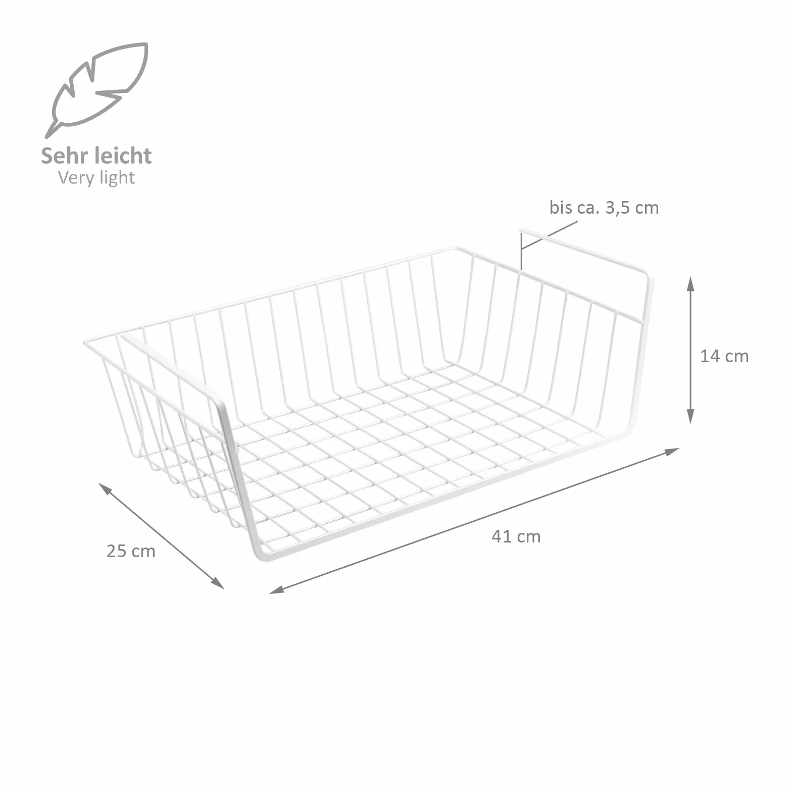 WELLGRO Zestaw 2 koszy do zawieszania z metalu – ok. 41 x 25 x 14 cm (dł. x szer. x wys.) – stwórz dodatkowe miejsce – kolor biały