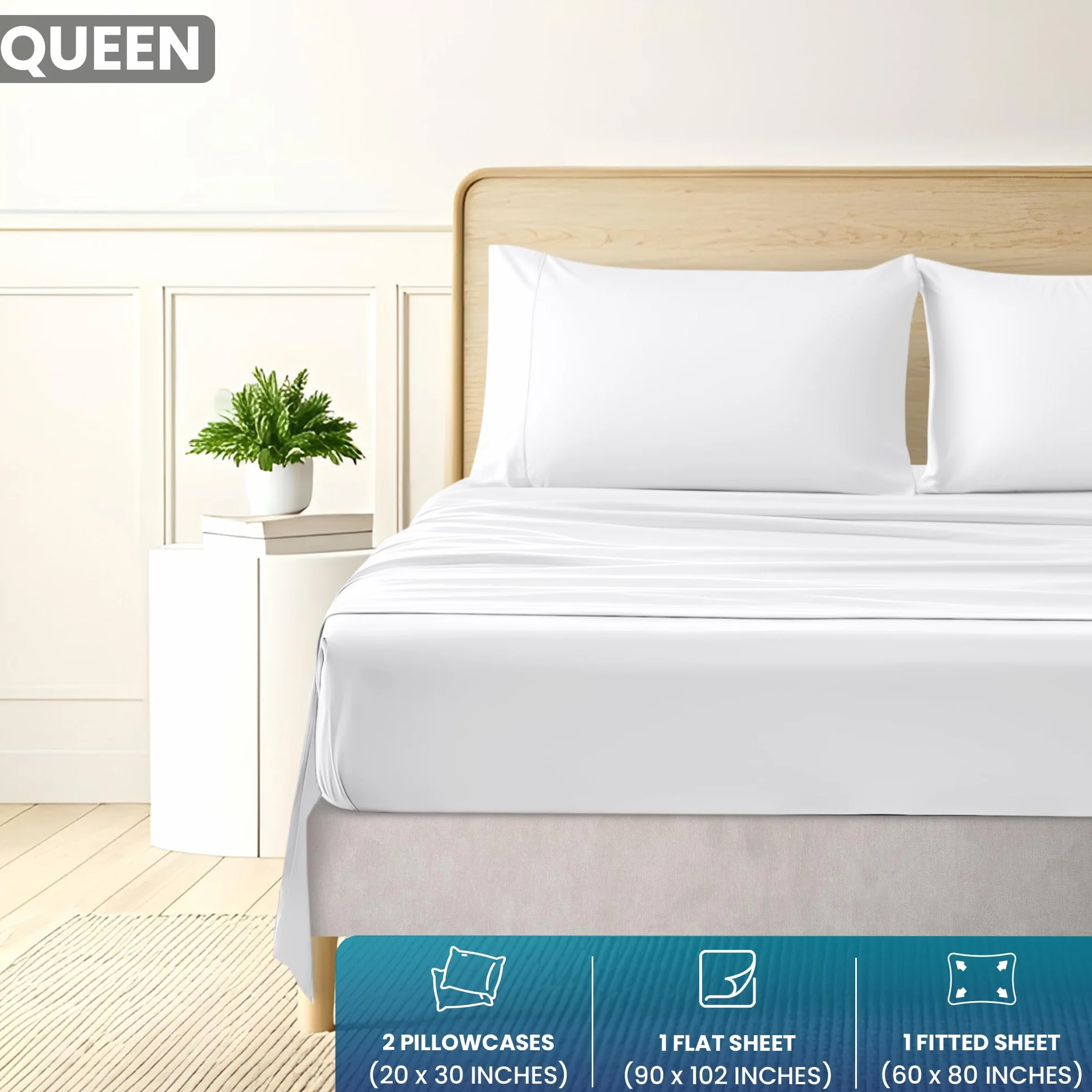 Utopia Bedding Zestaw pościeli na łóżko queen size, szczotkowana mikrofibra, miękkie prześcieradła na łóżko typu queen-size, luksusowe prześcieradła z gumką, płaskie prześcieradło i 2 poszewki na