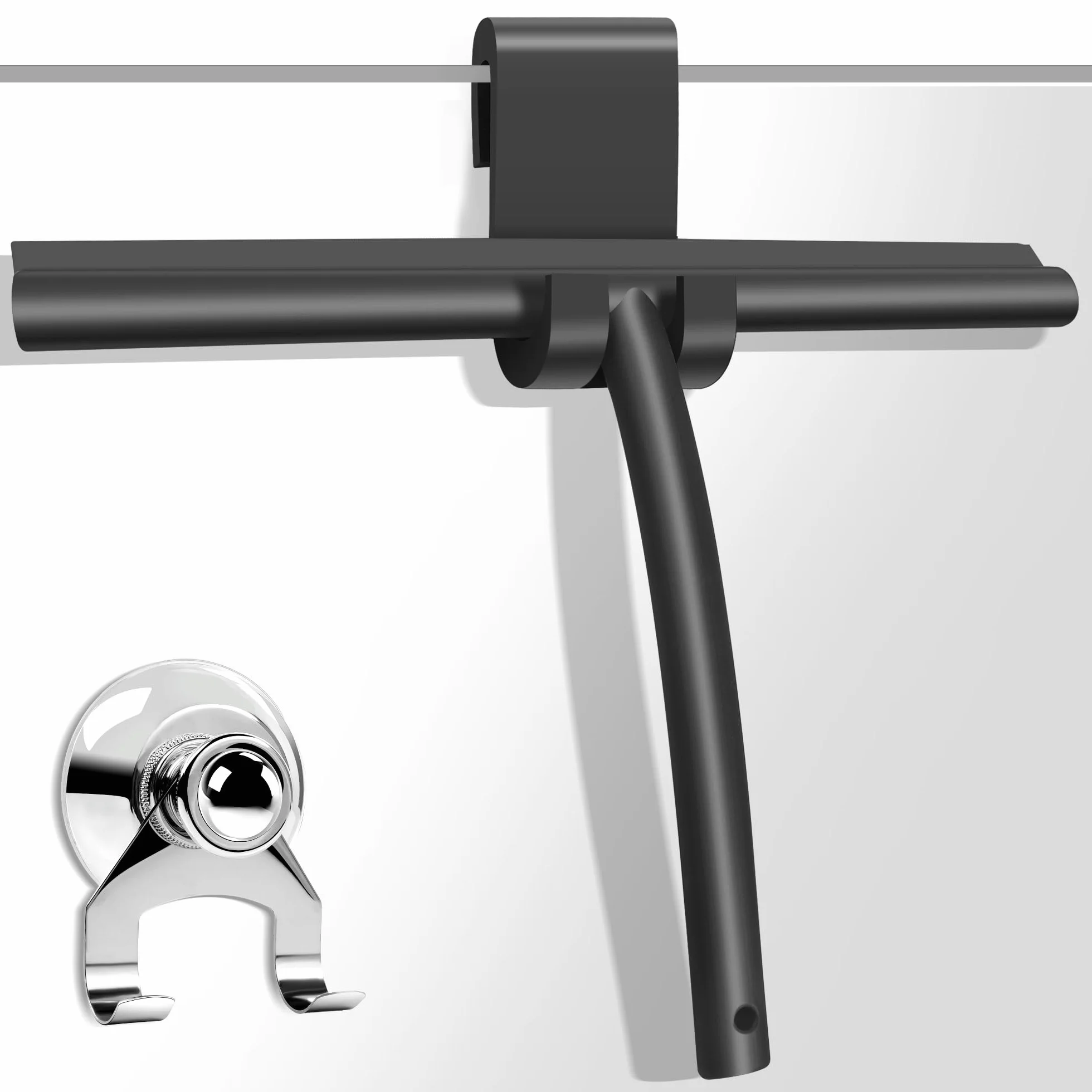 Shower Squeegee ściągaczka prysznicowa, 28 cm, silikonowa, szeroka, czarna – ściągaczka do prysznica i łazienki z uchwytem, bez wiercenia, ściągacz do okien z przyssawką i hakiem
