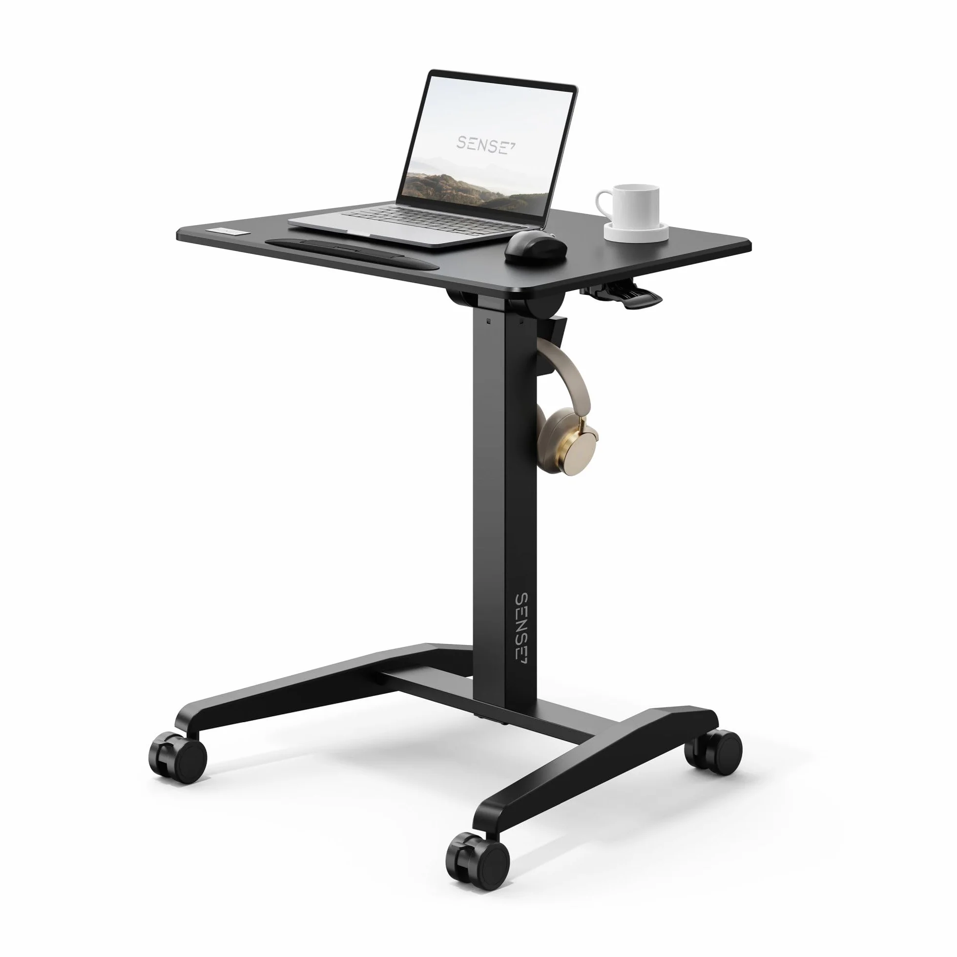 SENSE7 Mobile Desk | Biurko Regulowane | 70 X 52 Cm | Mobilna Konstrukcja | Wysokość 76-111 Cm | Zmiana Kątu Nachylenia | Uchwyt Na Słuchawki | Ogranicznik Krawędzi | Kółka Z Blokadą | Czarne