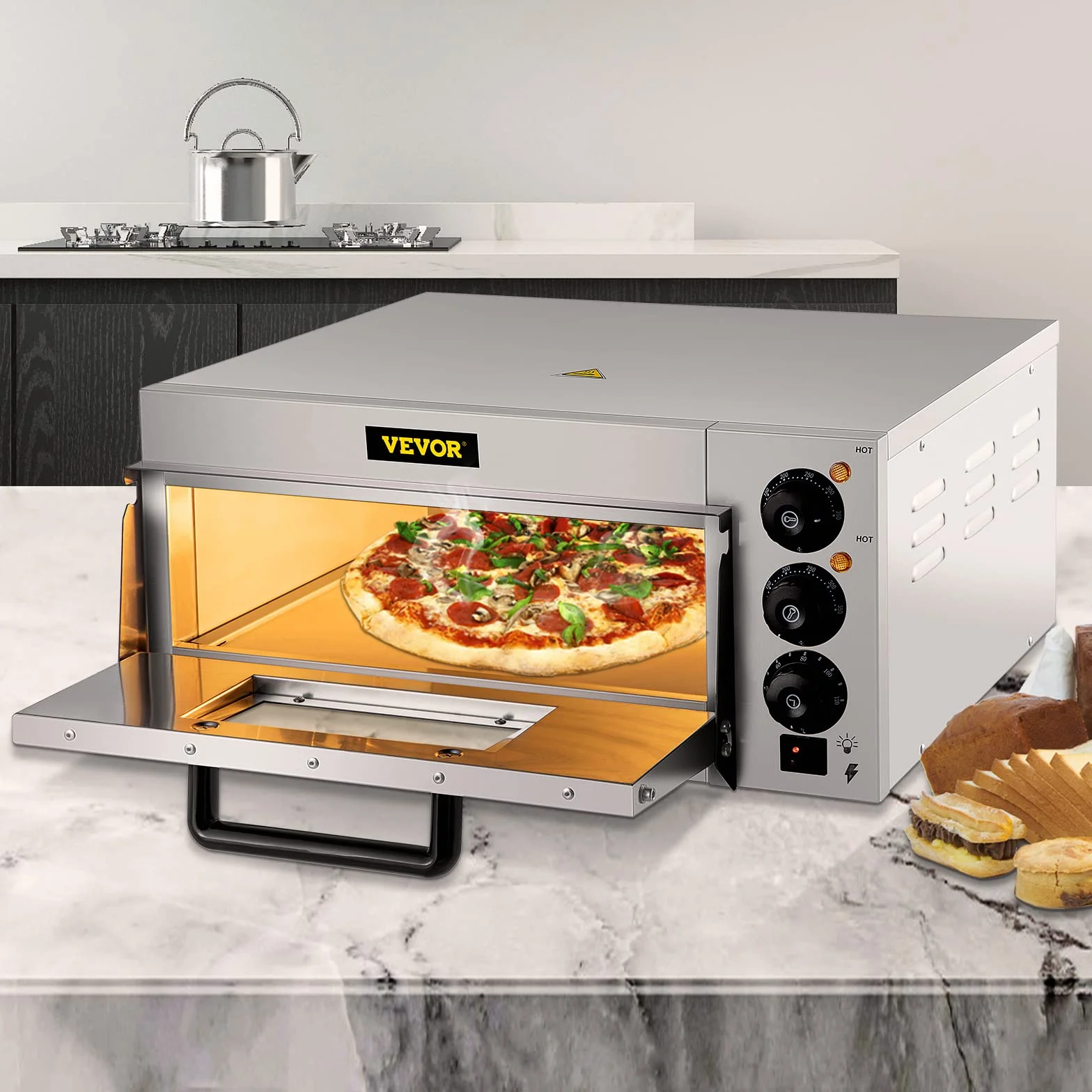 VEVOR Elektryczny piec do pizzy na desery, mięso, ryby, jednokomorowy 2000W, oświetlenie wewnętrzne, piekarnik elektryczny z regulacją temperatury 50-350 ℃ Kamień do pizzy o średnicy 14 cali, Srebrny