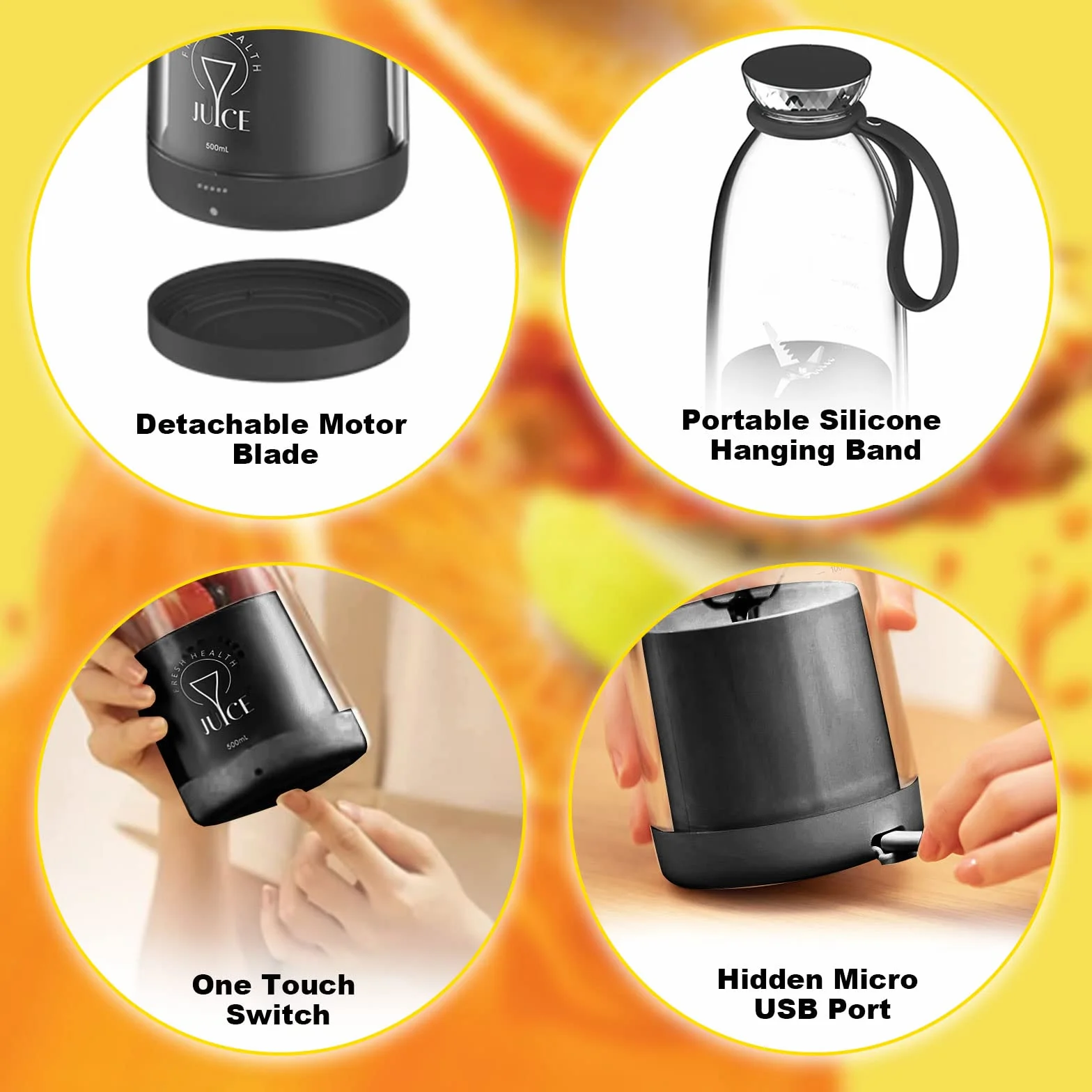 Mikser Smoothie Maker To Go,500 ml, przenośny mikser do ponownego ładowania, wielofunkcyjny mikser osobisty z 6 ostrzami ze stali nierdzewnej, butelka Fresh Juice do shakesów, soków, smoothie, podróży