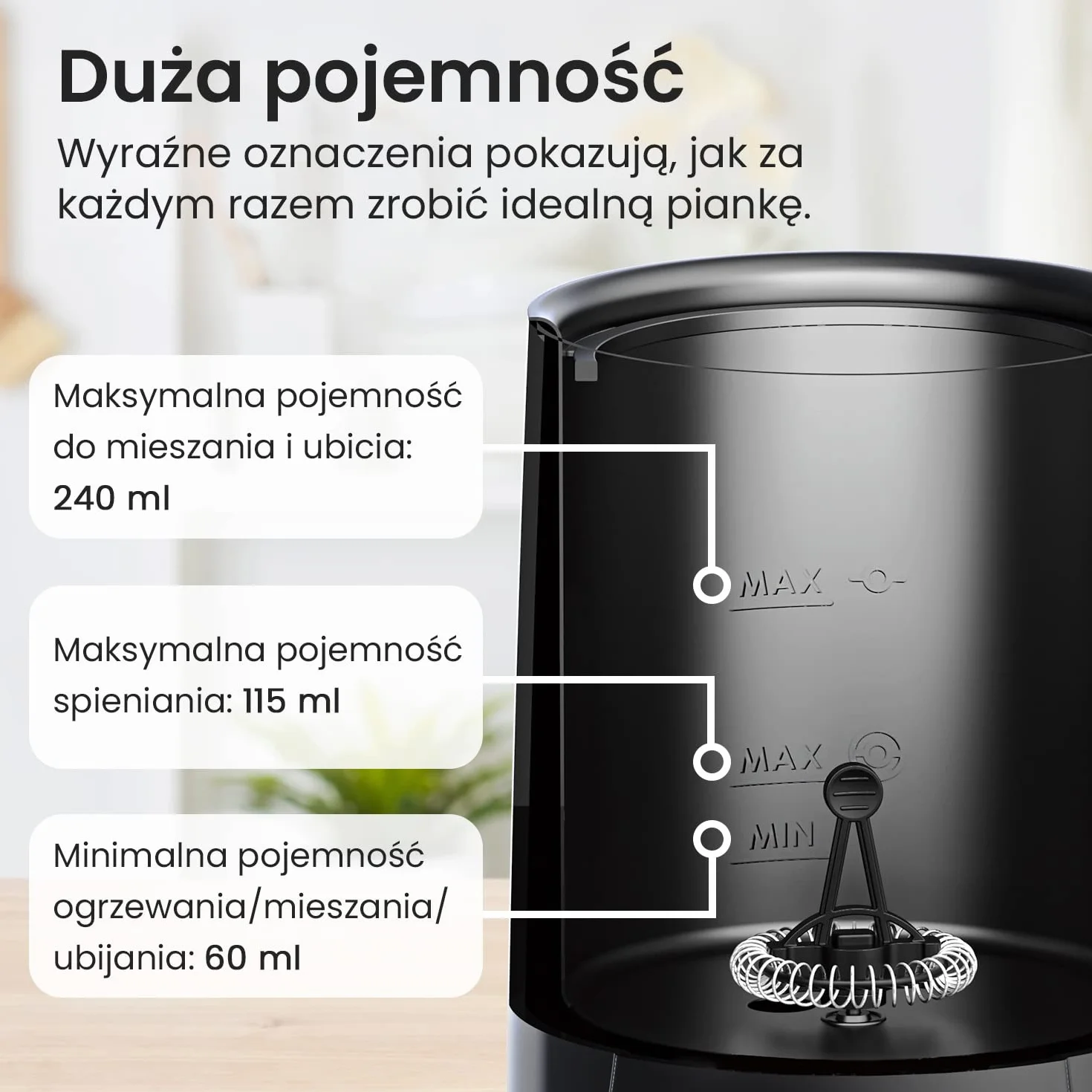 ProBreeze Elektryczny Spieniacz do Mleka 4w1 na Ciepło i Zimno, Podgrzewacz Ubijacz, Mikser do Śmietanki, Cichy, do Kawy Cappuccino Frappe Gorącej Czekolady, Czarny