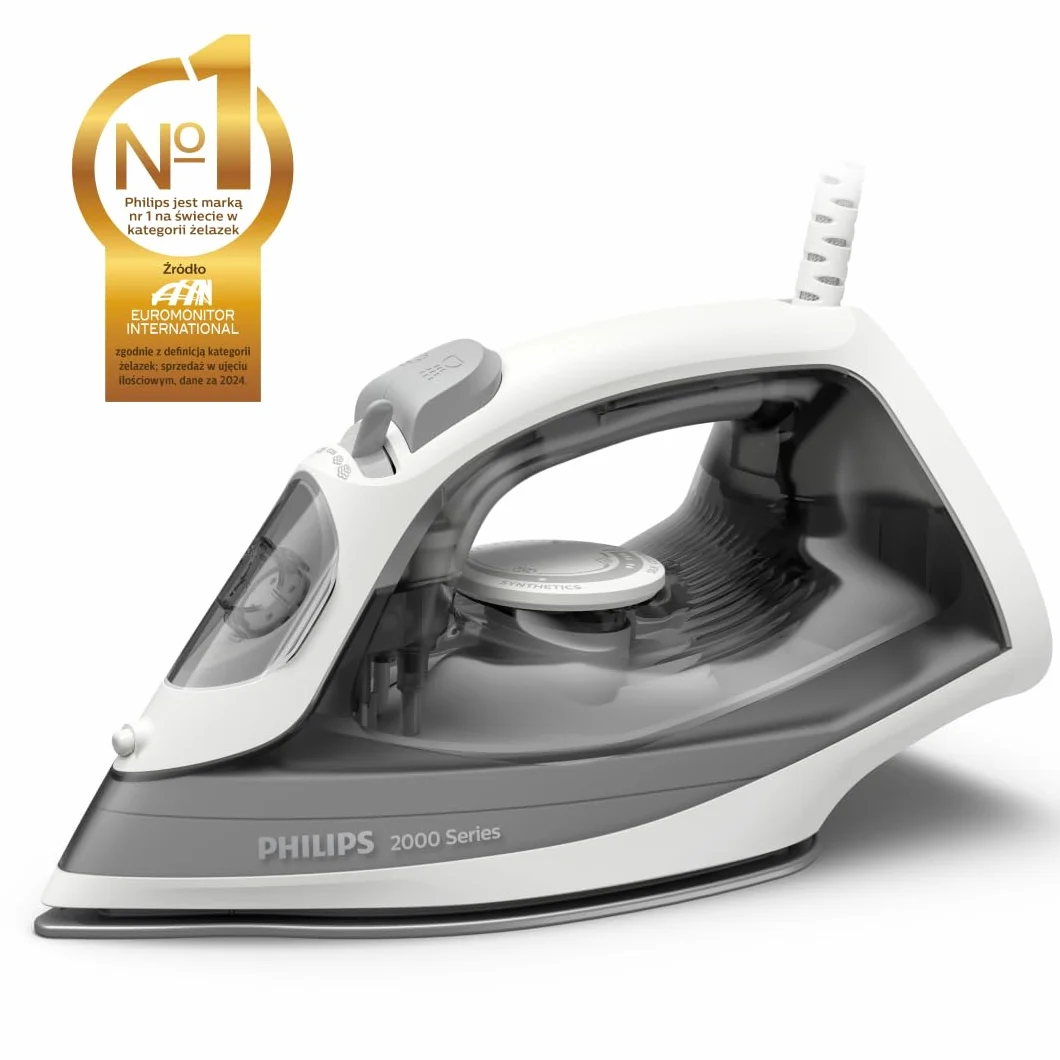 Philips Żelazko Parowe z Serii 2000 - Do 25 g/min Strumienia Pary, Moc 2000W, Zbiornik wody 250 ml, Szybkie Usuwanie Zagnieceń, 4 Ustawienia Pary, Ceramiczna Stopa, Lekkie, Kolor Szary (DST2020/80)