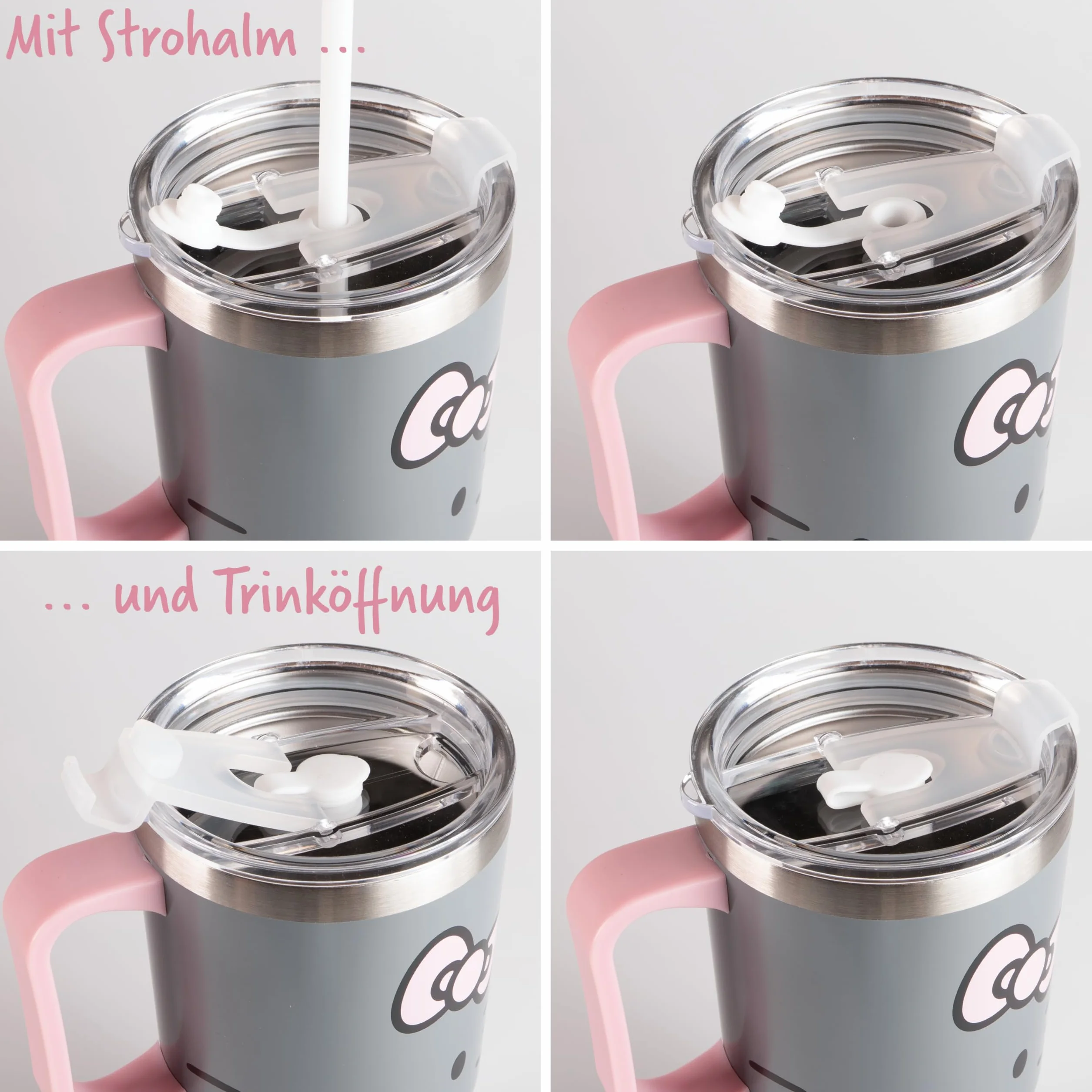 Hello Kitty kubek do picia 540 ml z pokrywką i słomką, szary dla dzieci