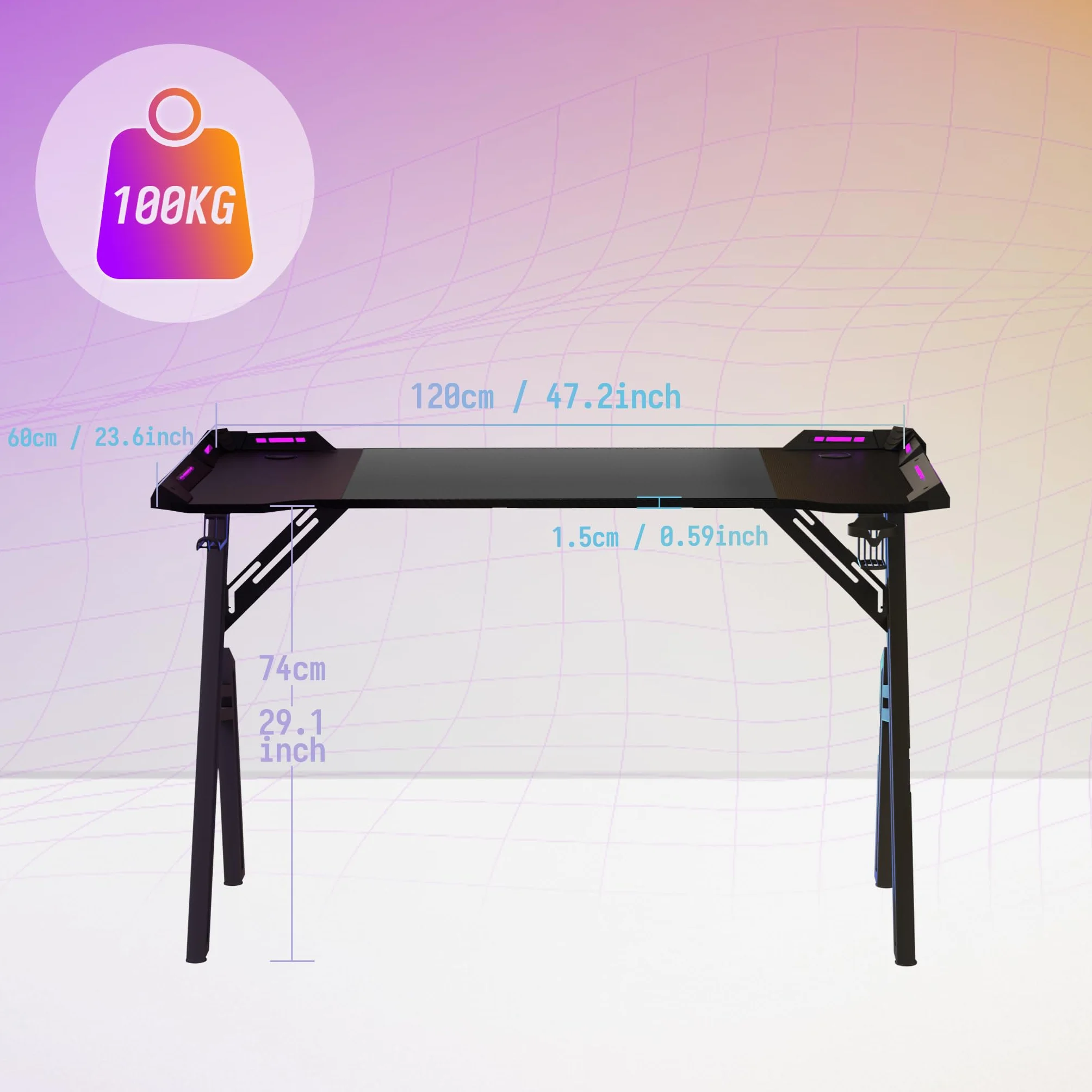 UISEBRT Biurko gamingowe, 120 x 60 cm, powierzchnia z włókna węglowego w kształcie litery A, biurko komputerowe z oświetleniem RGB LED, ergonomiczne biurko narożne z hakiem na słuchawki i uchwytem na