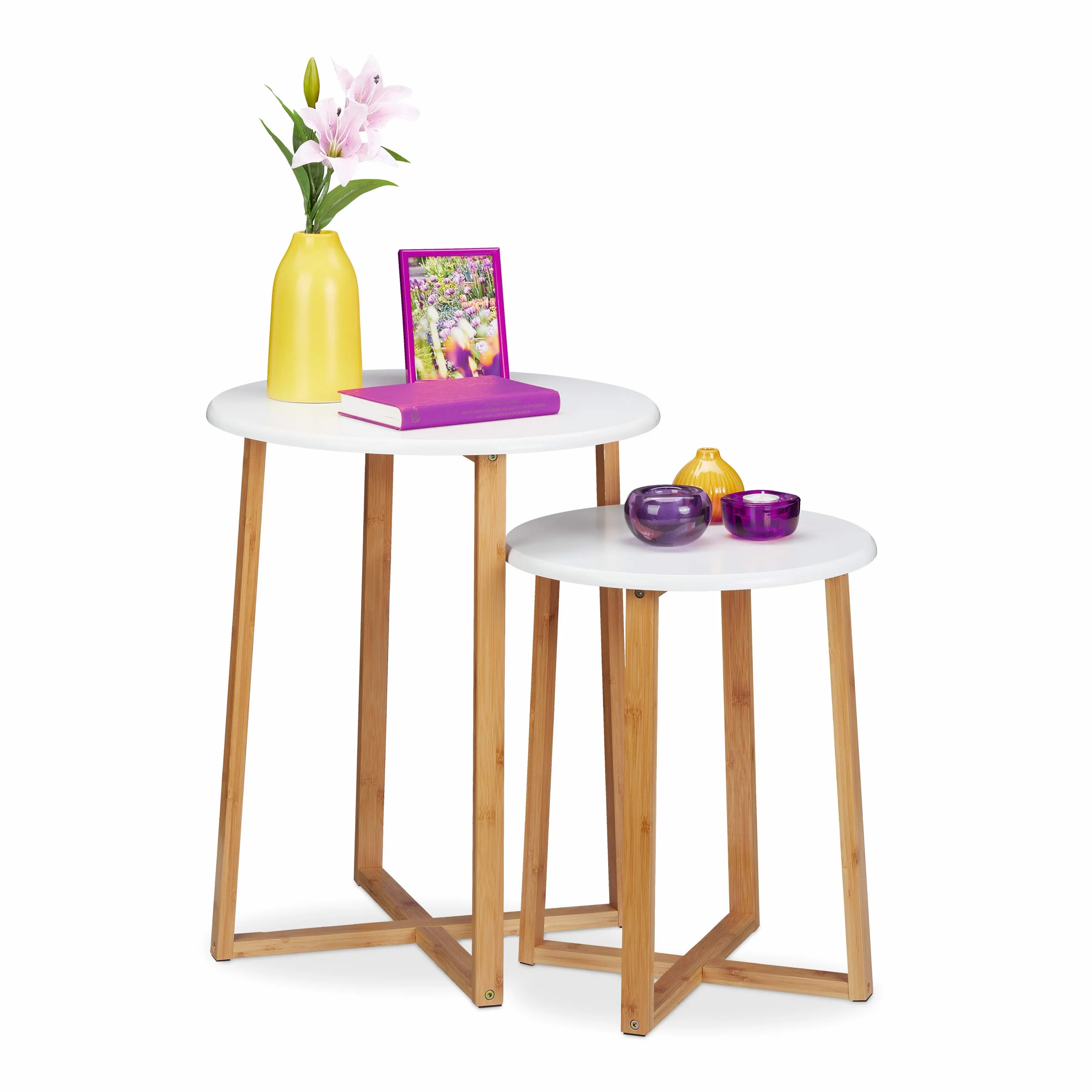 Zestaw 2 stolików bocznych Relaxdays, okrągłe stoliki o wysokości 48,5 i 60,5 cm, nowoczesny design, stolik do salonu, naturalny/biały