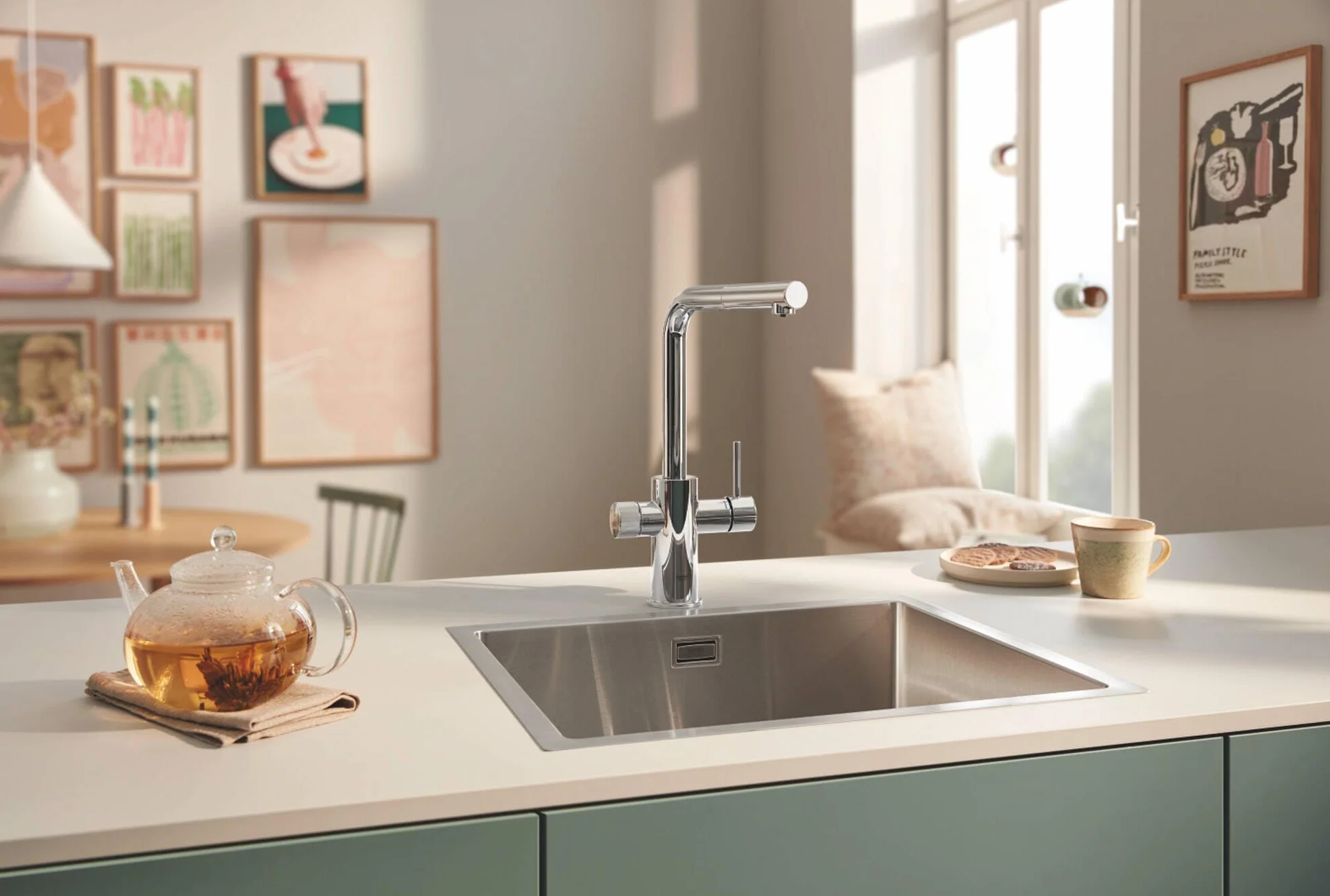 Grohe Blue Pure Minta, bateria do zlewu kuchennego, wyciągana, z 5-stopniowym filtrem, rozmiar S i liczniki, chrom