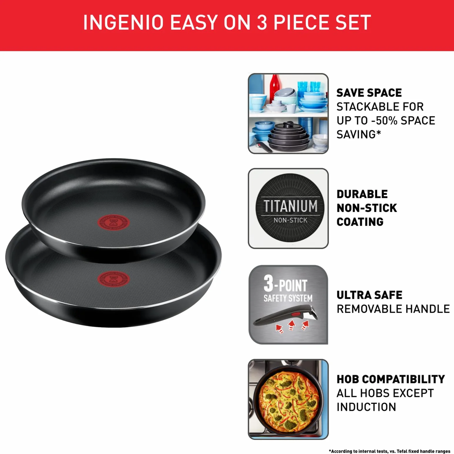 Tefal Ingenio Easy On Zestaw Patelni 3-Częściowy, Czarny, Ø 24 cm/Ø 28 cm