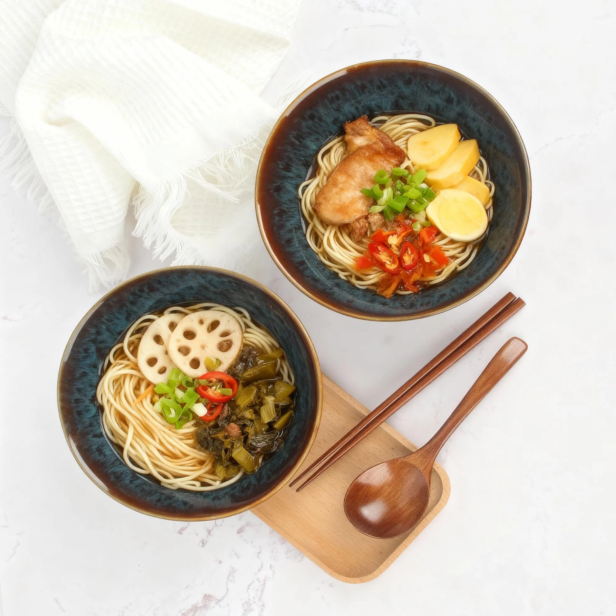 2 x 1200ml Zestaw Misek Ramen z Ceramiki z Pałeczkami i Łyżkami, 20cm Miska Bowl Do Zupy dla Ramen Bowl, Zestaw Ramen, Miska Ramen Duża, Bowl Miska, Zestaw Misek Kuchennych