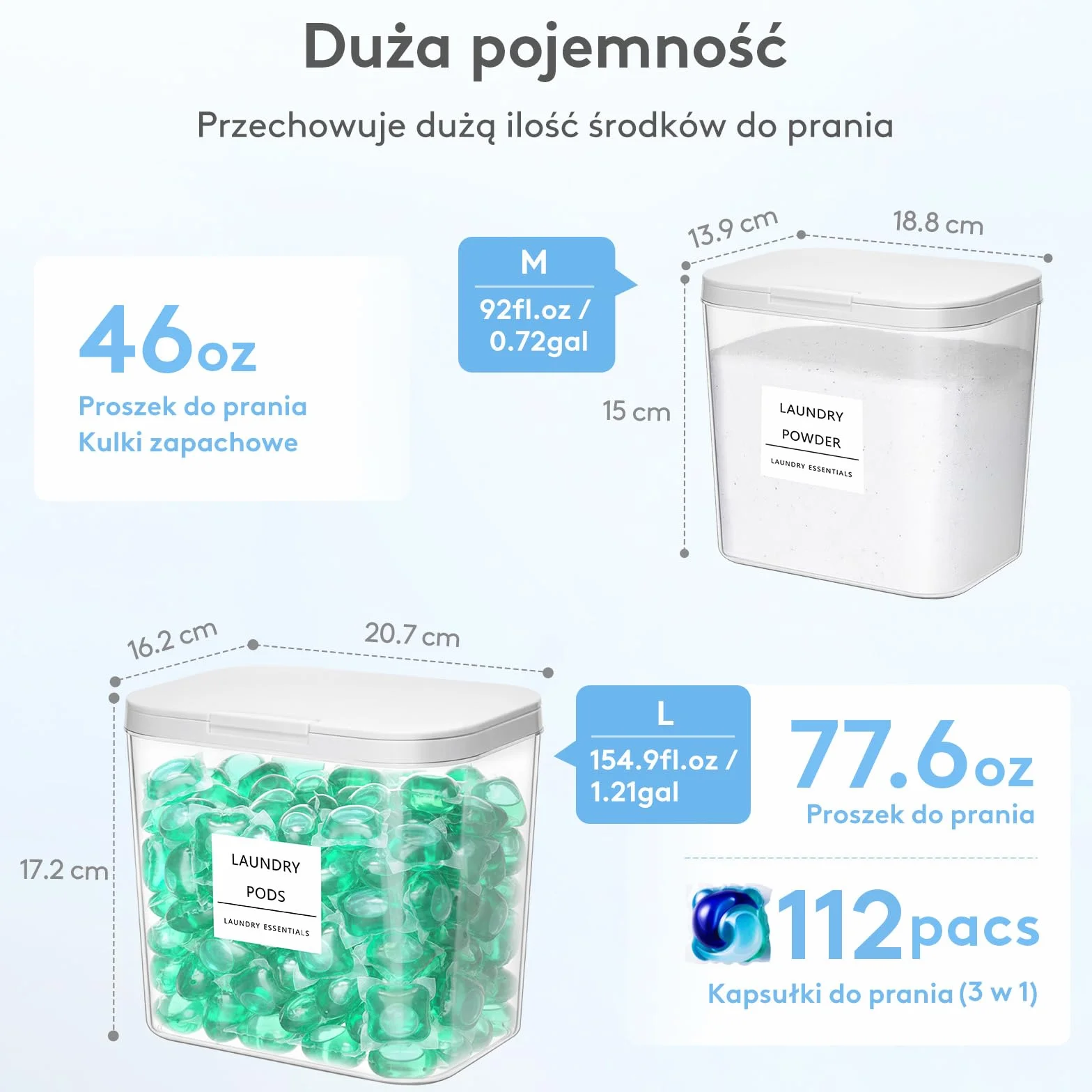 Lifewit 2700 x2+4500 ml/0,72x2+1,2 gal pudełka do przechowywania środków do prania w kapsułkach z zapięciem, pudełko do przechowywania proszku do prania z etykietą i łyżeczką, pudełka do środków do