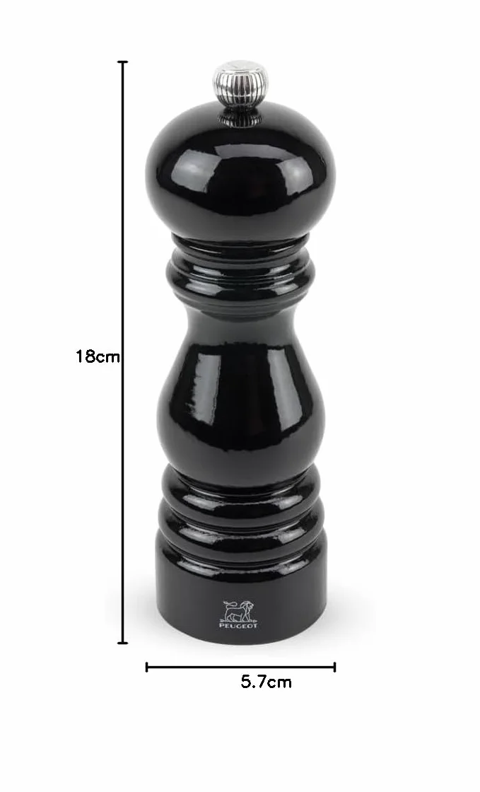 Peugeot Ręczny młynek do soli Paris - regulowany młynek - drewno bukowe, czarny połysk, 18 cm Made in France
