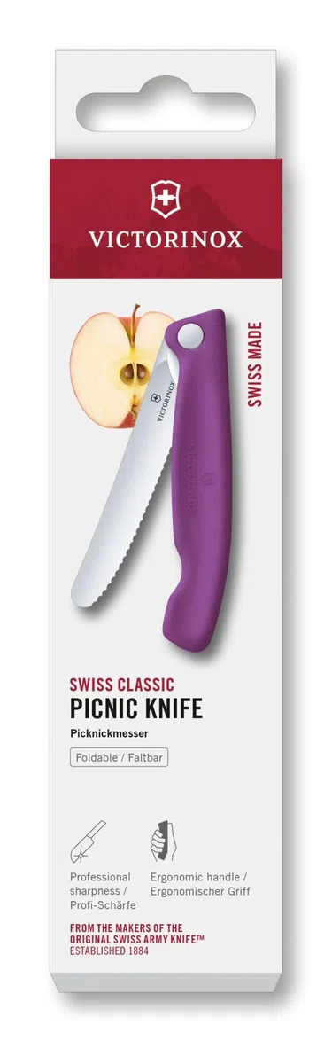 Victorinox Swiss Classic składany nóż do pikniku na wędrówki, owoce, warzywa, bułki, kiełbasę, z falistym szlifem, ekstra ostry, fioletowy
