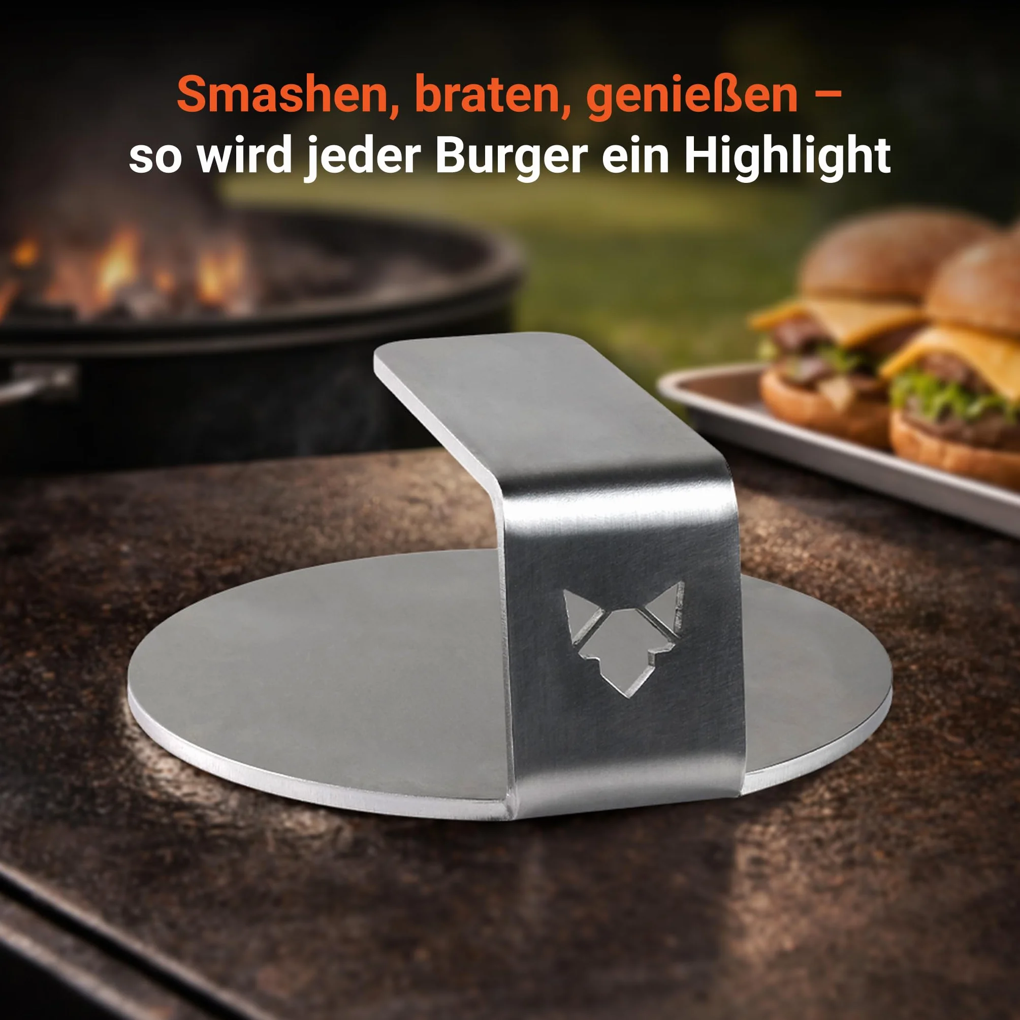 FENNEK Burger Smasher I prasa grillowa do hamburgerów z wysokiej jakości szlifowanej stali nierdzewnej I narzędzie do kuchni, ogrodu, restauracji, na kemping i wiele innych.
