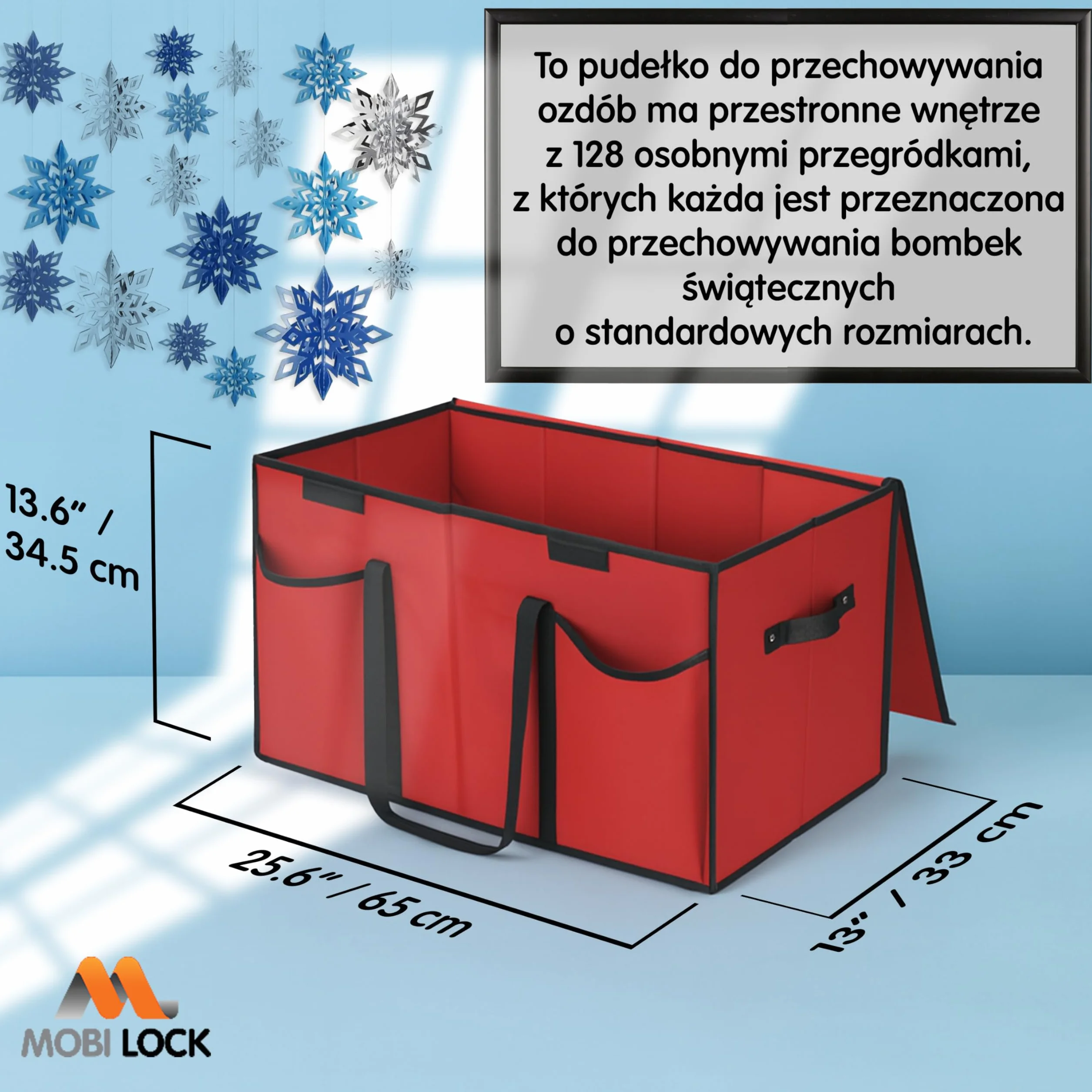 Pudełko na ozdoby świąteczne z przegrodami i kieszeniami - Mieści 128 bombek - Wytrzymała czerwona tkanina z uchwytami - Składane - Organizer na święta - od Mobi Lock