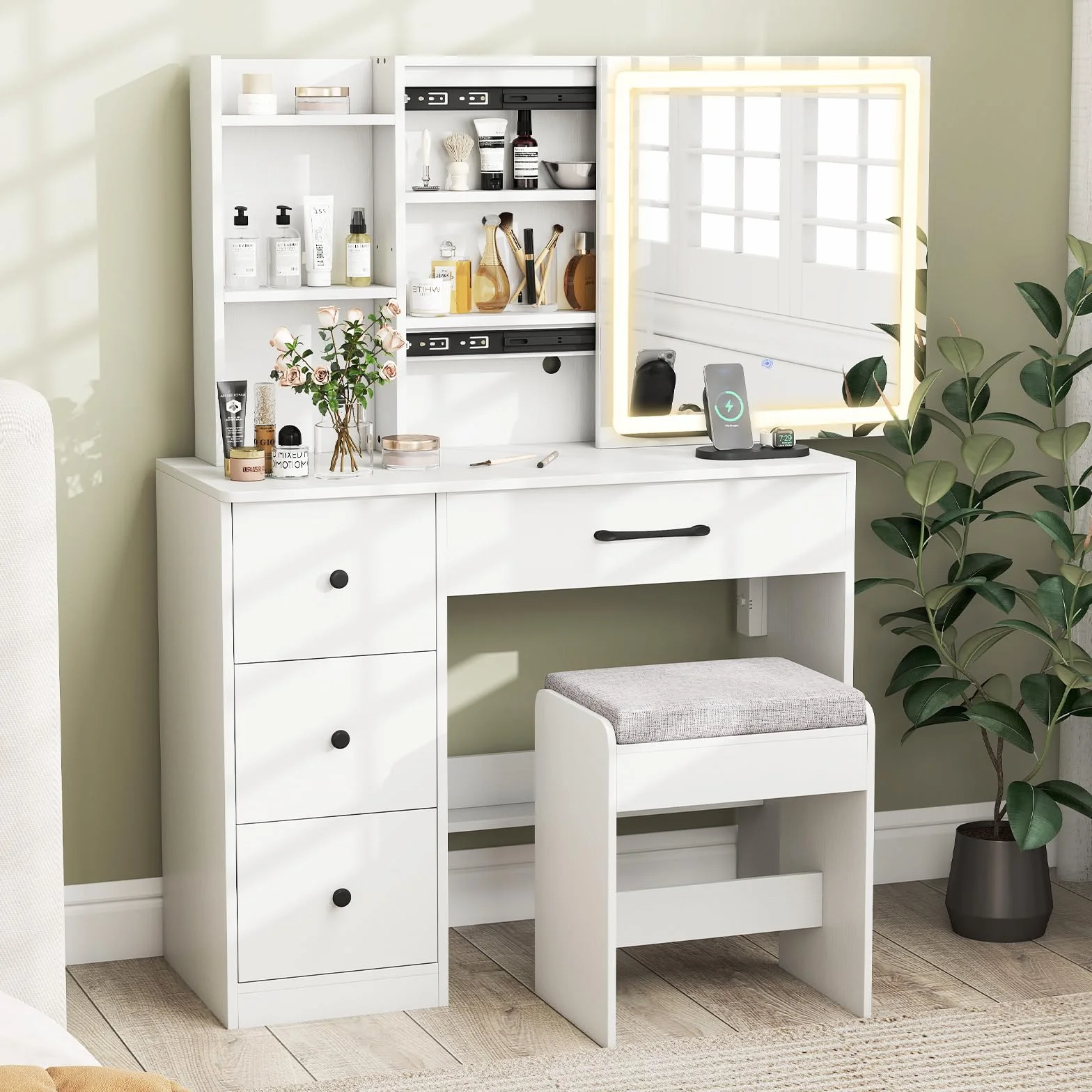 COSTWAY Toaletka z Przesuwnym Lustrem LED i Taboretem, Stolik do Makijażu z Szufladami, Gniazdami i Regulowanymi Półkami, Zestaw do Sypialni 96 x 40 x 135 cm