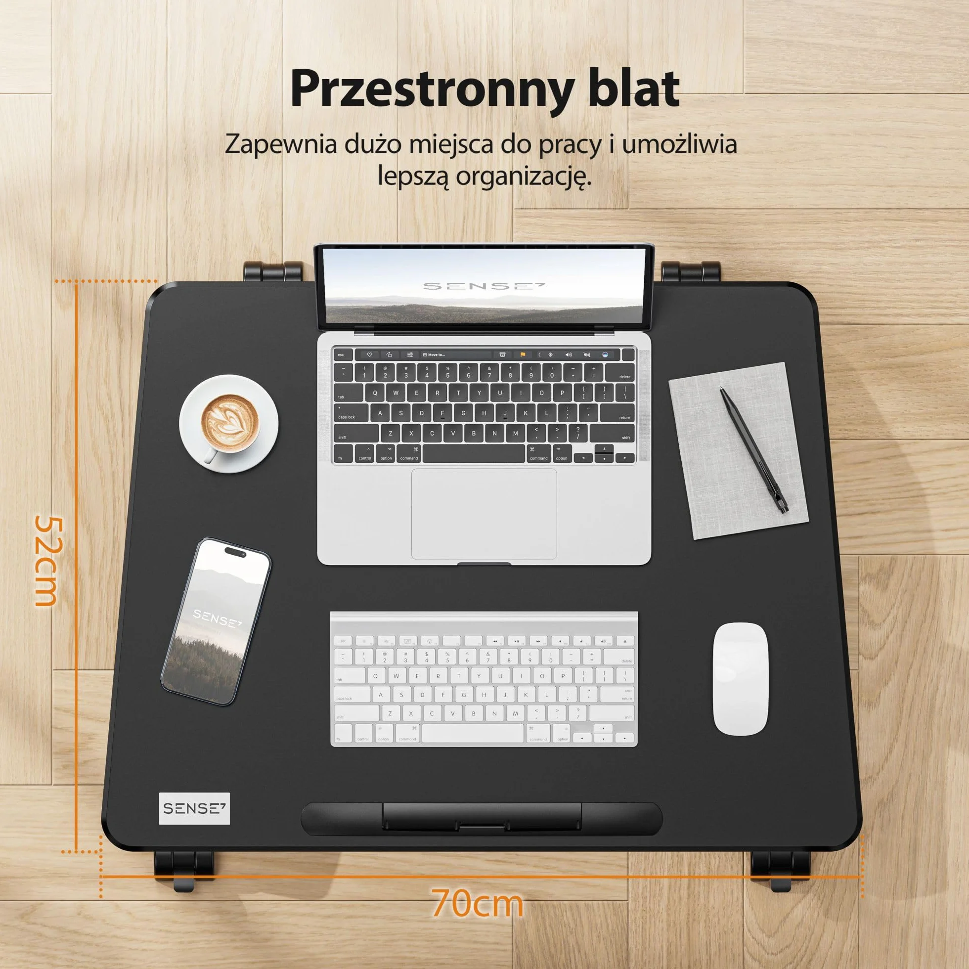SENSE7 Mobile Desk | Biurko Regulowane | 70 X 52 Cm | Mobilna Konstrukcja | Wysokość 76-111 Cm | Zmiana Kątu Nachylenia | Uchwyt Na Słuchawki | Ogranicznik Krawędzi | Kółka Z Blokadą | Czarne