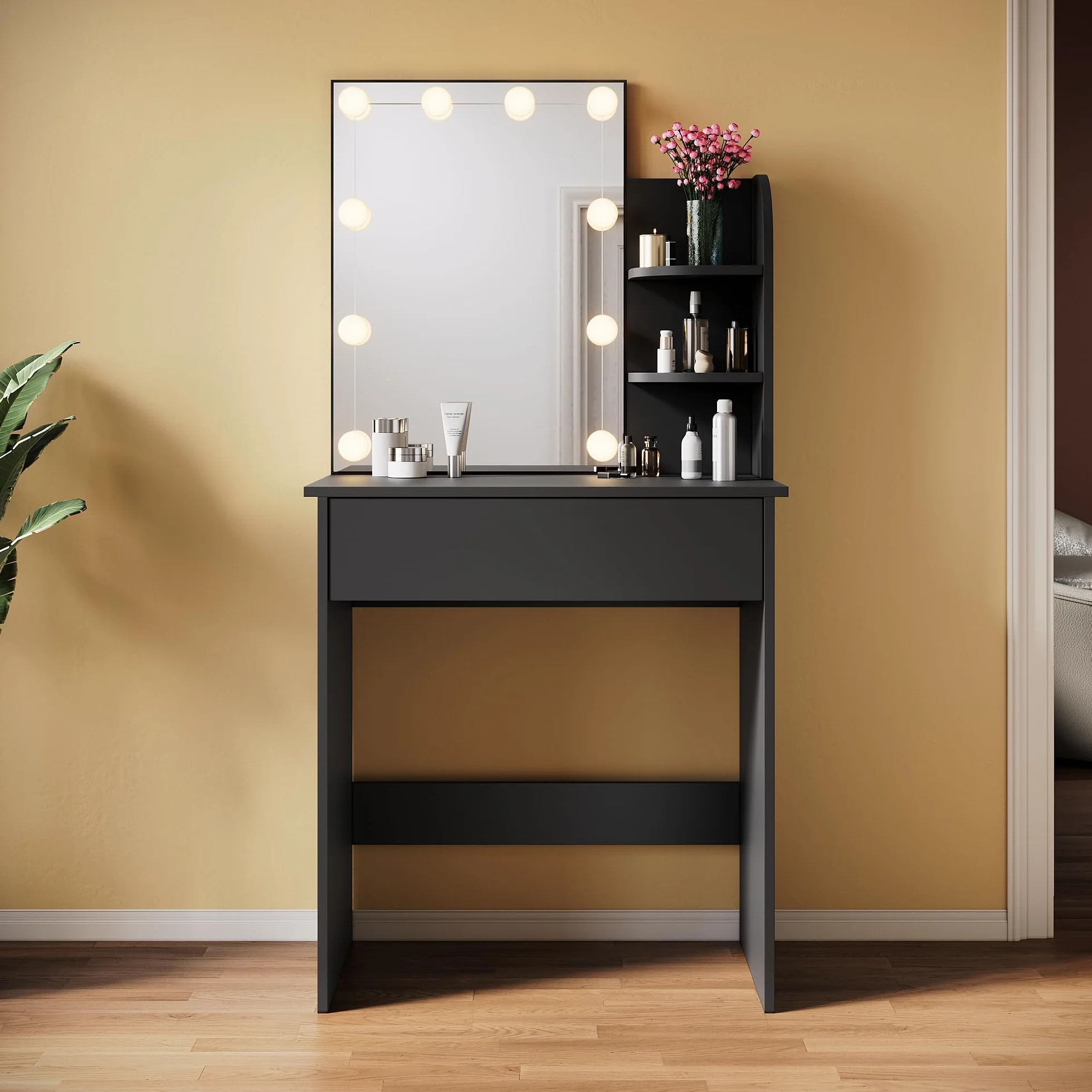 Toaletka z lustrem, toaletka z oświetleniem LED, 70 x 40 cm, dla kobiet i dzieci, z szufladami i otwartymi półkami, wysokość 140 cm (czarna)