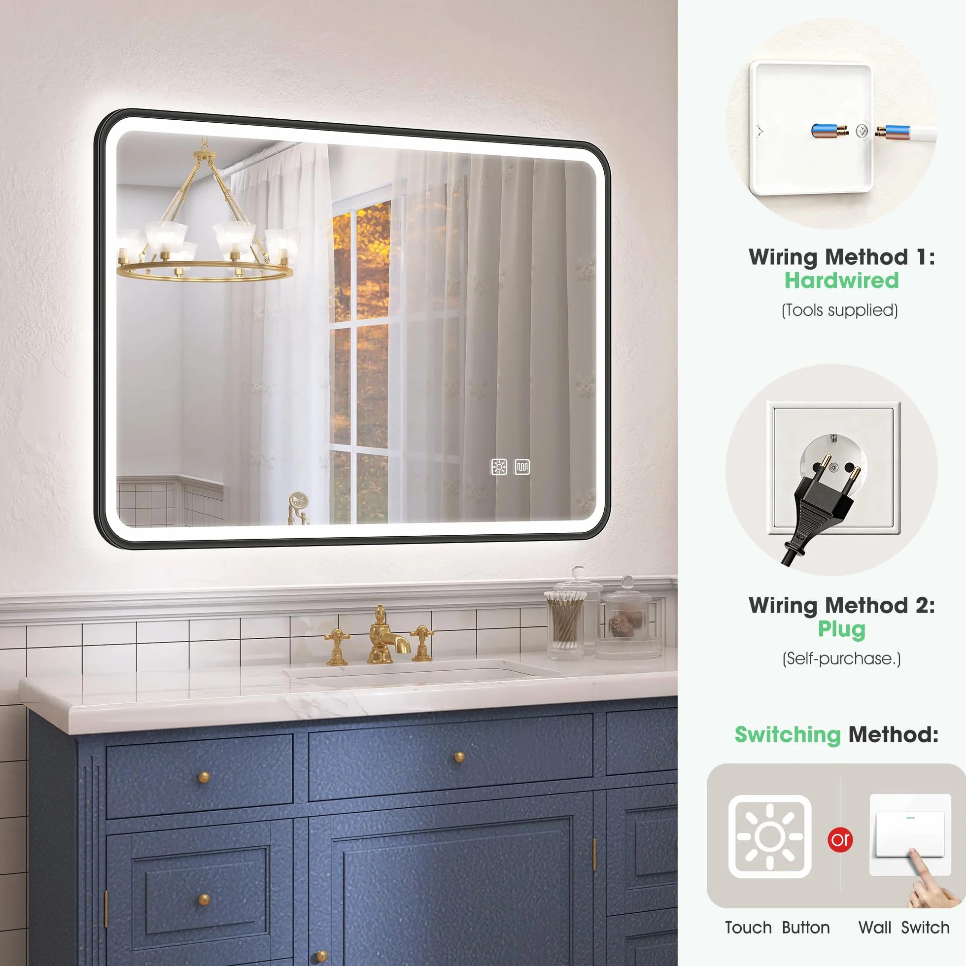 S'bagno Lustro łazienkowe ze światłem 80 x 60 cm, lustro łazienkowe LED z aluminiową ramą, Anti-Fog, 3000-6500K, funkcja pamięci, wodoodporna IP44, pozioma/pionowa, czarna