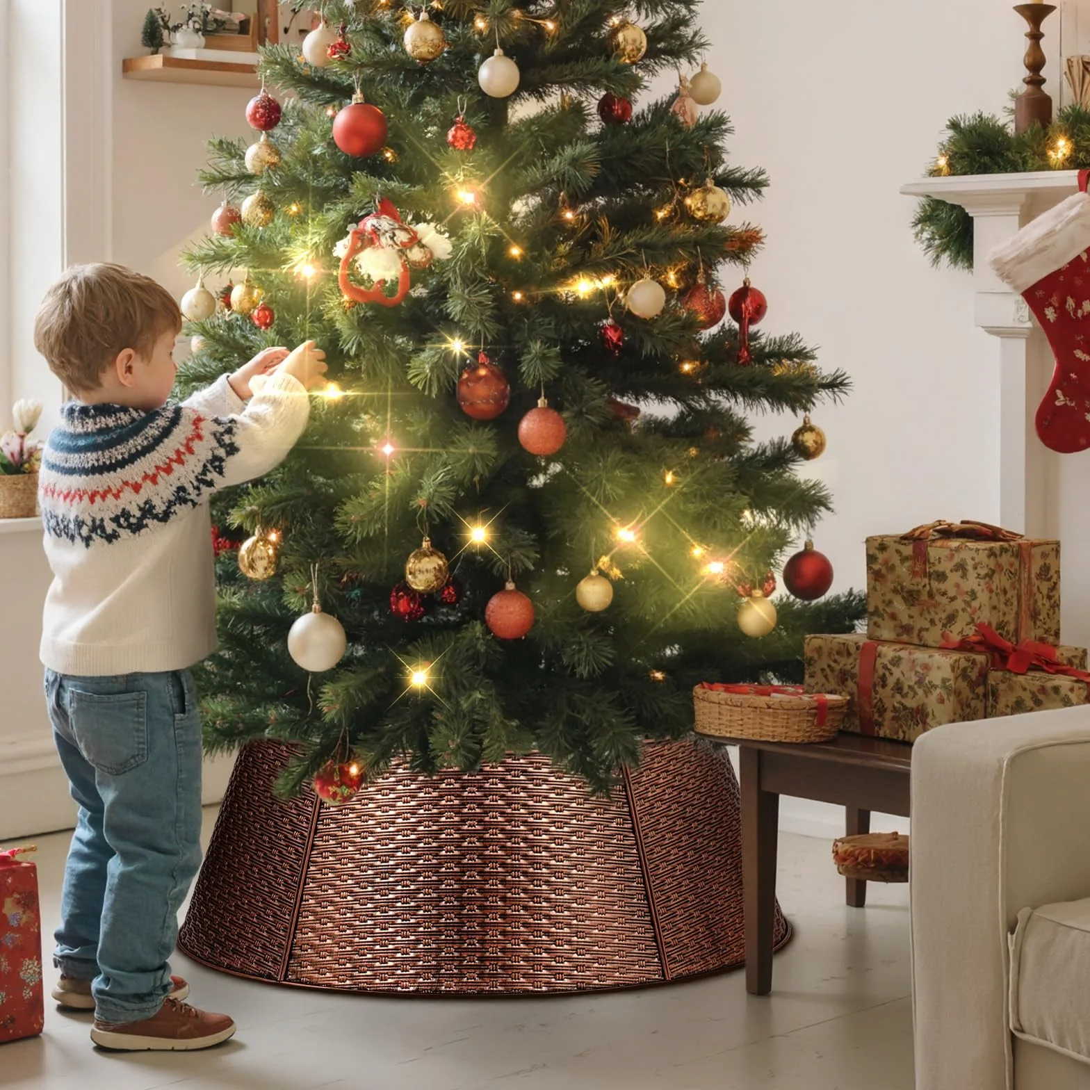 Lanpn Metalowa obroża choinkowa 70cm, Splot Poziomy Metalowy kołnierz choinkowy Dekoracyjna Spódnica Choinkowa do małej dekoracji choinki wewnątrz i na zewnątrz (Miedź)