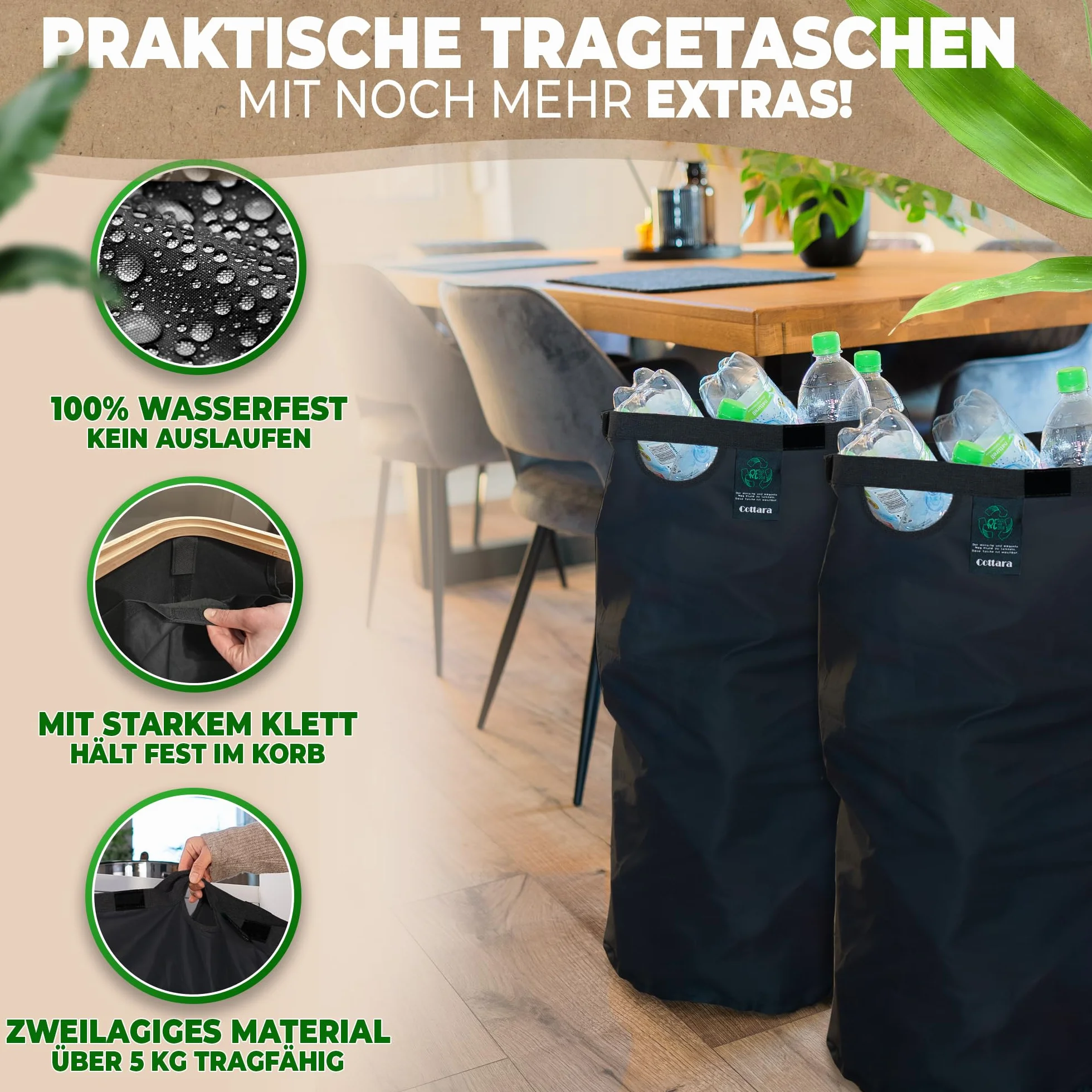 COTTARA® zbiornik na butelki zwrotne 2 przegródki, stabilny pojemnik na puste butelki, 2x woreczki do przenoszenia, praktyczny pojemnik na butelki zwrotne, zbieralnik zwrotów, przechowywanie butelek