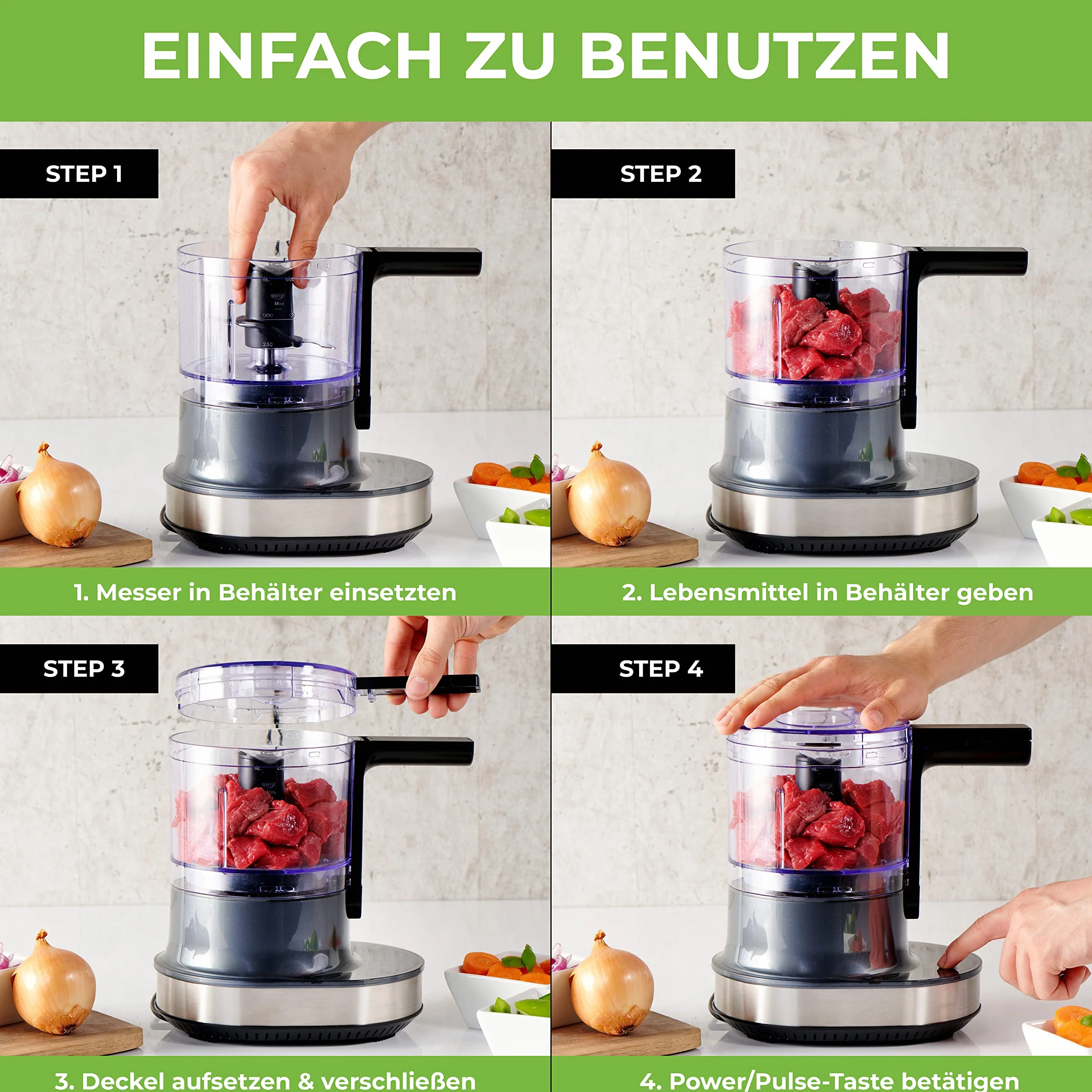 NUTRI-CHOPPER 4D rozdrabniacz kuchenny elektryczny z funkcją AUTO-BLADE, nie zawiera BPA, niemiecka marka, uniwersalny rozdrabniacz do cebuli, mięsa, orzechów pesto