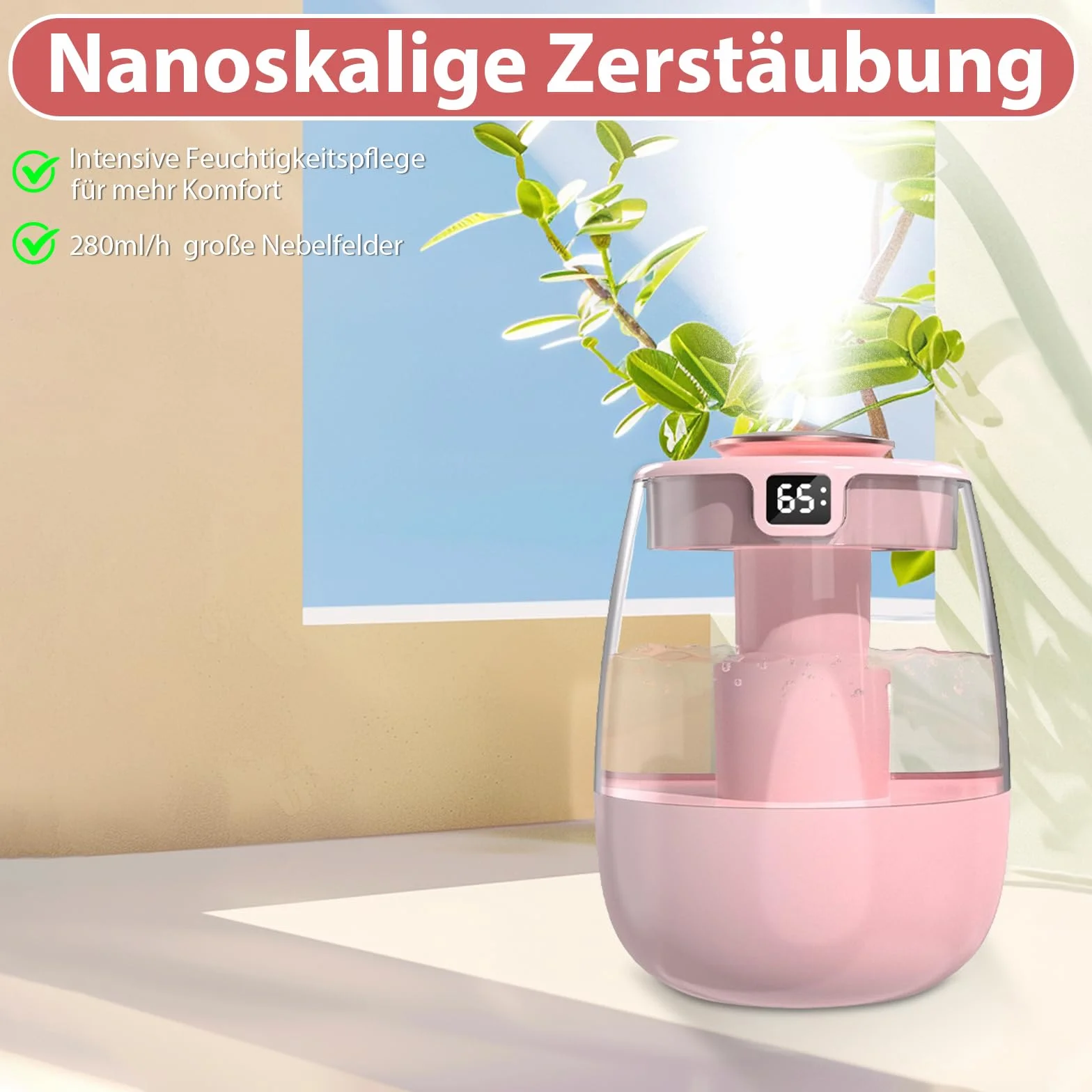 Nawilżacz powietrza, 1 l, cichy humidifier z 2 otworami, nawilżacz powietrza z cichym wyświetlaczem cyfrowym USB, 2 tryby mgły i lampka nocna do biura, pokoju dziecięcego, sypialni, samochodu, różowy